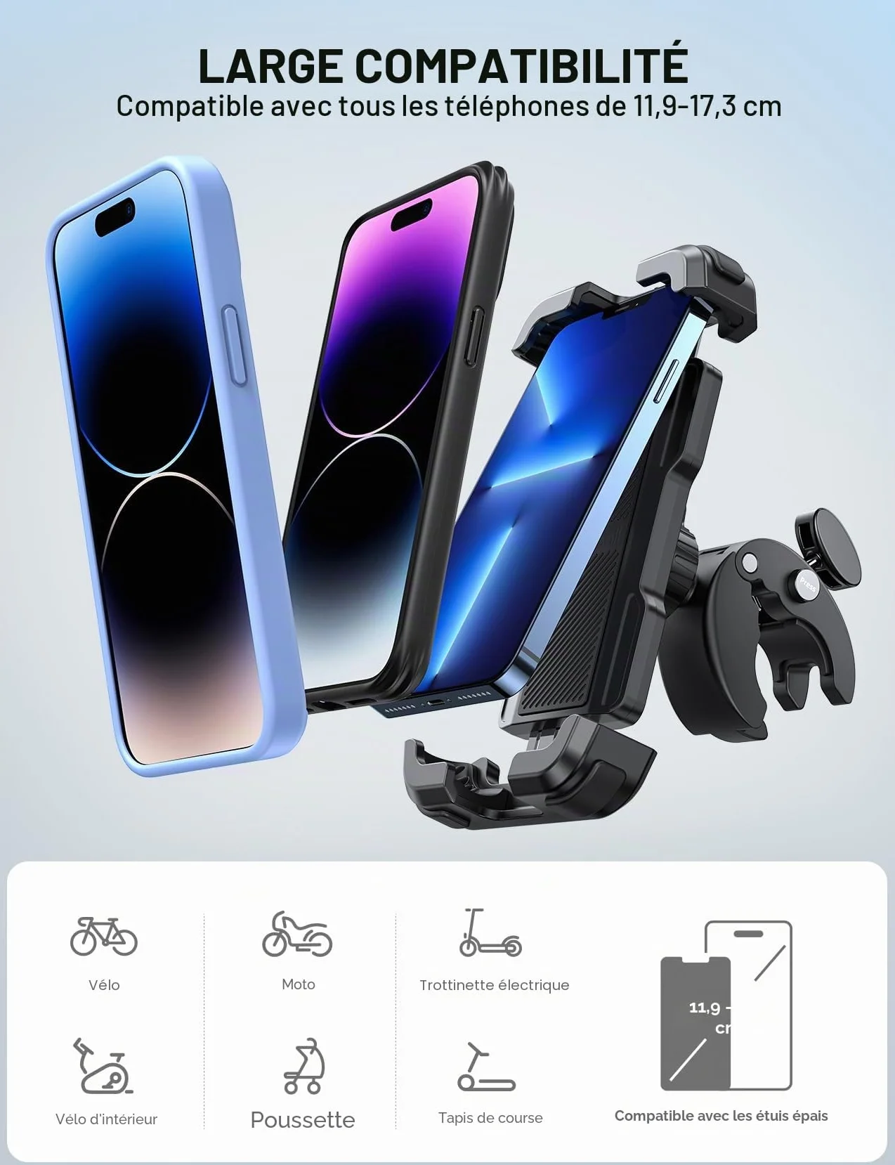 Lamicall Support Téléphone Moto, Support Téléphone Vélo - [Amélioré Pince de Guidon à Installation Rapide], Porte Téléphone Vélo pour iPhone 17/16/15/14/13 Pro Max, Xs XR, Android, Smartphone 4.7-6.8”