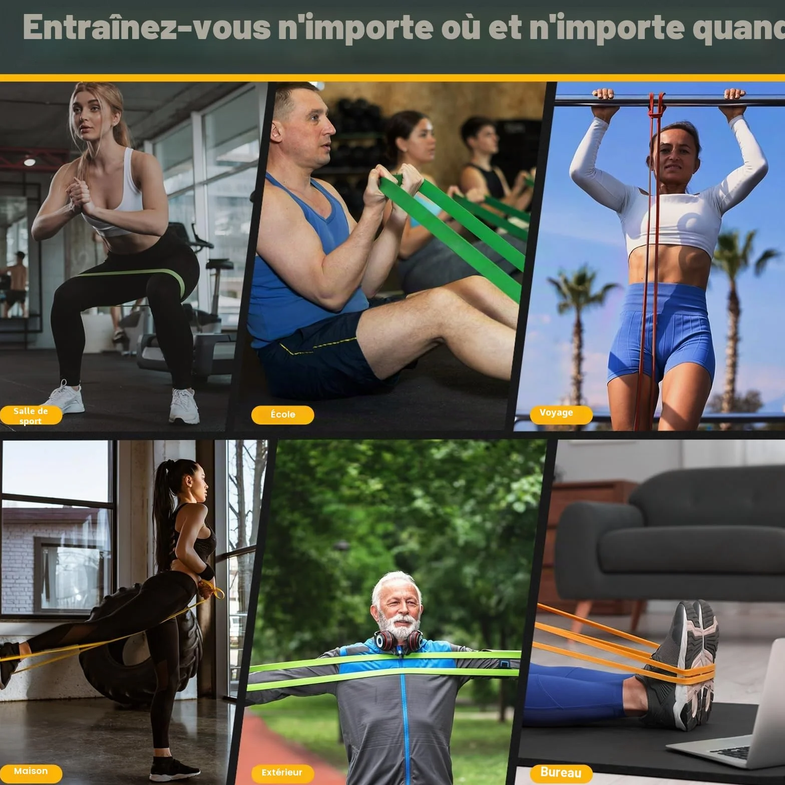 Lot de 5 Bandes de Résistance avec Ancrage de Porte pour Fitness, Yoga, Pilates, Musculation