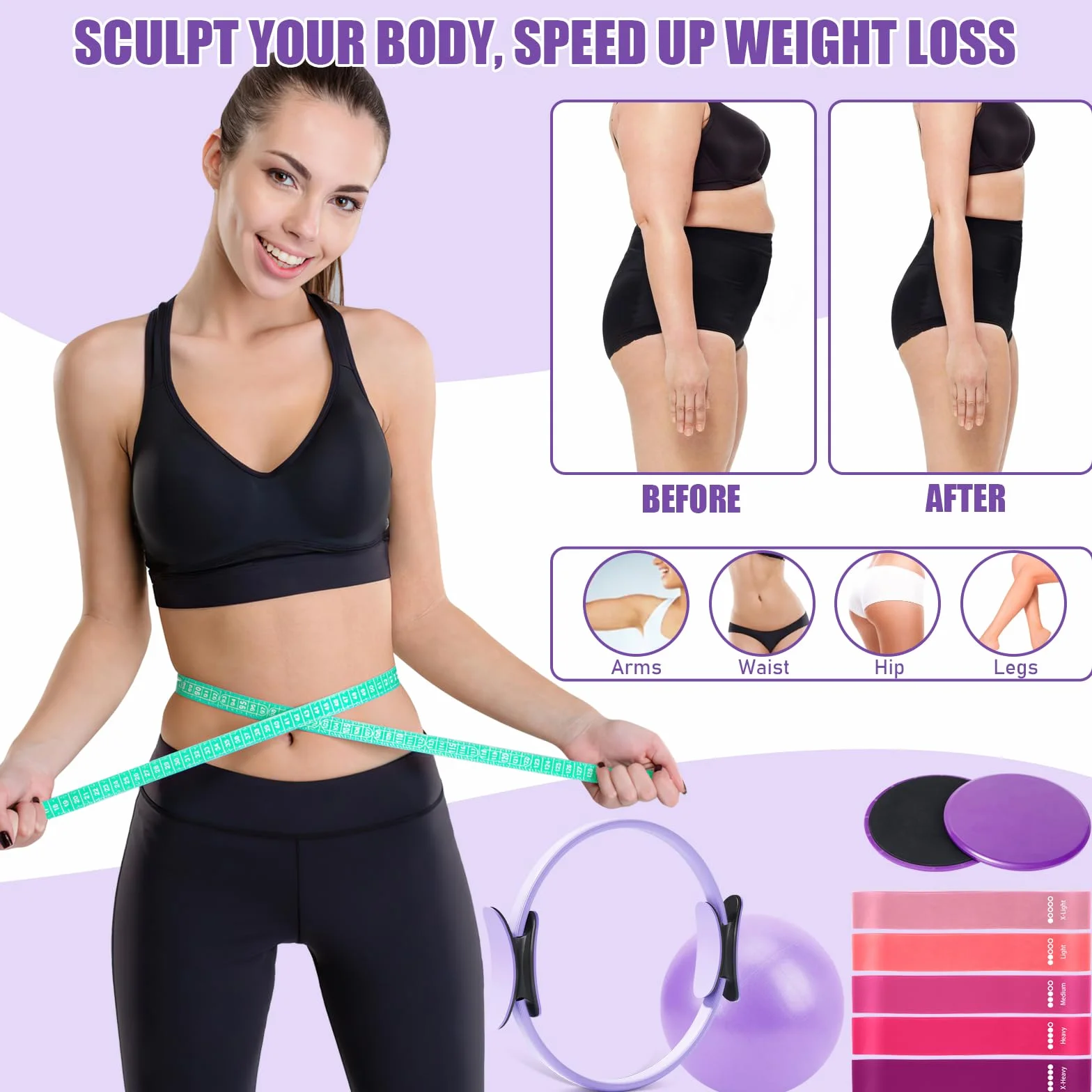 Ensemble d'anneaux de Pilates Kit essentiel avec cercle magique 32 cm, balle, bandes, disques glissants et poster d'entraînement