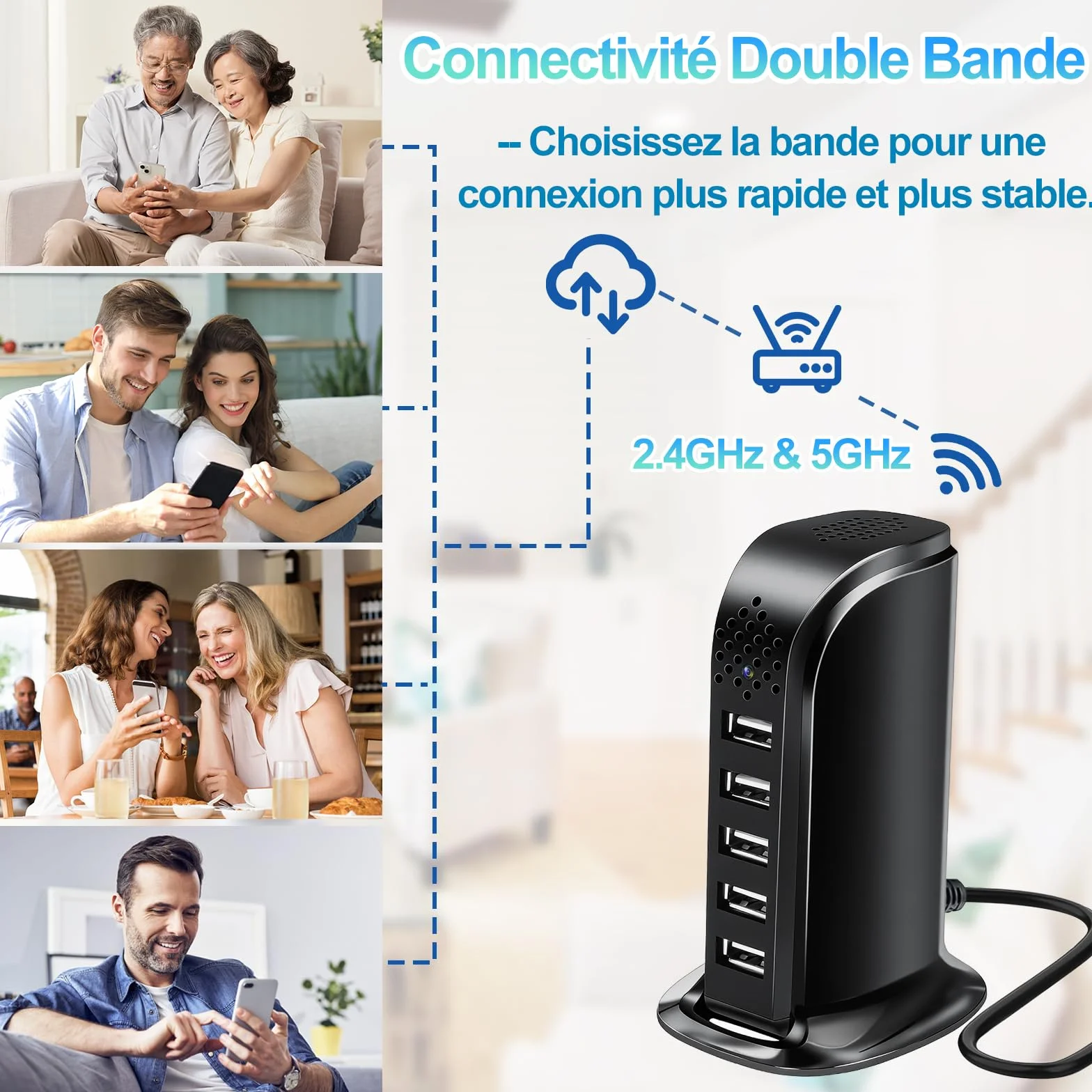 TANGMI Camera Espion, Hub de Charge 5-en-1 Mini Camera Espion sans Fil, WiFi 2.4G & 5Ghz 1080P HD avec Détection de Mouvement et Alertes Instantanées pour la Maison et Le Bureau