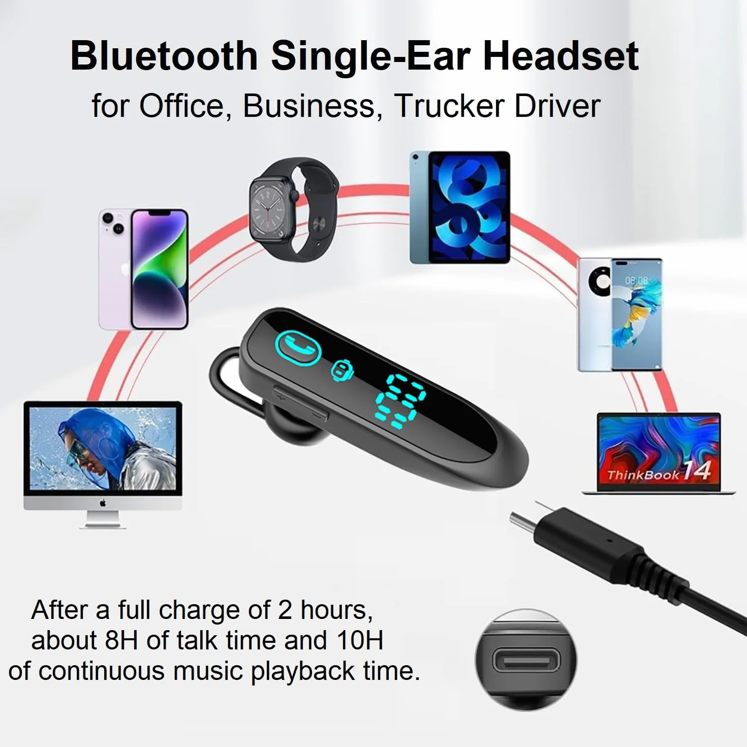eppfun Oreillette Bluetooth 5.3 sans Fil, Casque à Un écouteur (Monaural) avec Réduction du Bruit d'appel Mic Main Libre Bluetooth Oreillette pour Bureau Conduite