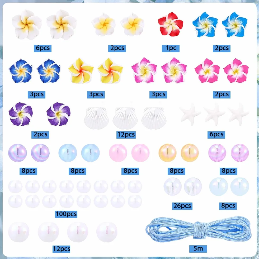 SUNNYCLUE 1 boîte de 228 pièces Kit de Création de 6 breloques pour Téléphone (Drapeau Cordon Perles en Forme D'Étoile de Mer Perles de Fleur de Frangipanier Perles de Fleur D'Été Perles de Fleur D'Ét