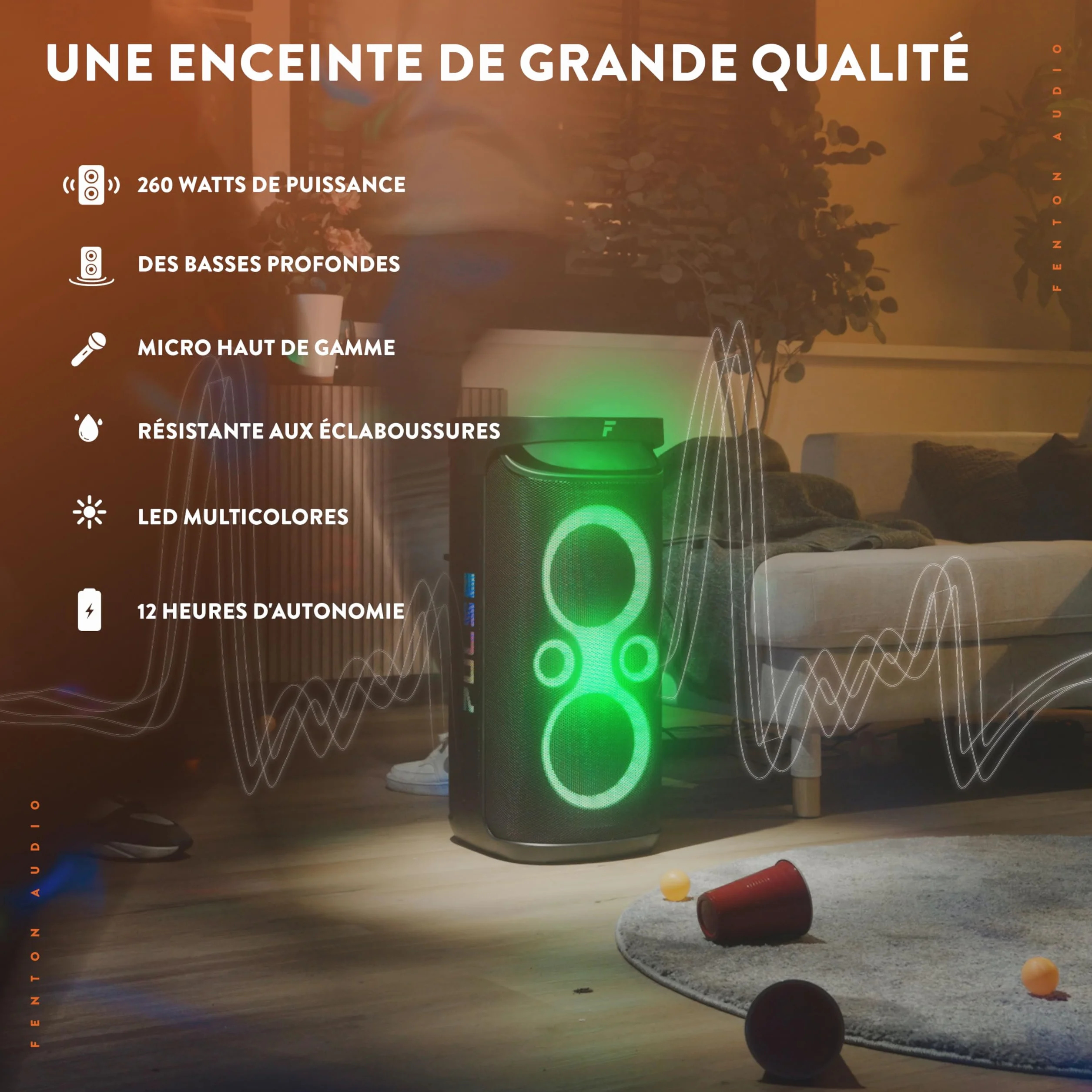 Fenton Pulse130 Enceinte de Soirée Lumineuse Bluetooth - 260 Watts, Batterie Longue Autonomie 12H, Résistance aux Éclaboussures IPX4, Idéale pour Toutes Vos Soirées en Intérieur ou Exterieur