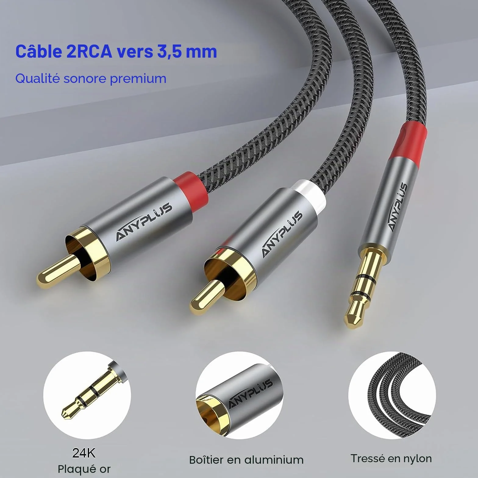 Câble RCA Jack,【0.5M】 3.5mm vers 2RCA Mâle Audio Stéréo,Ligne de Poisson Tissé Adaptateur RCA, Pour Smartphone, PC, Autoradio, Home Cinéma, Amplificateur, Chaîne HiFi,TV