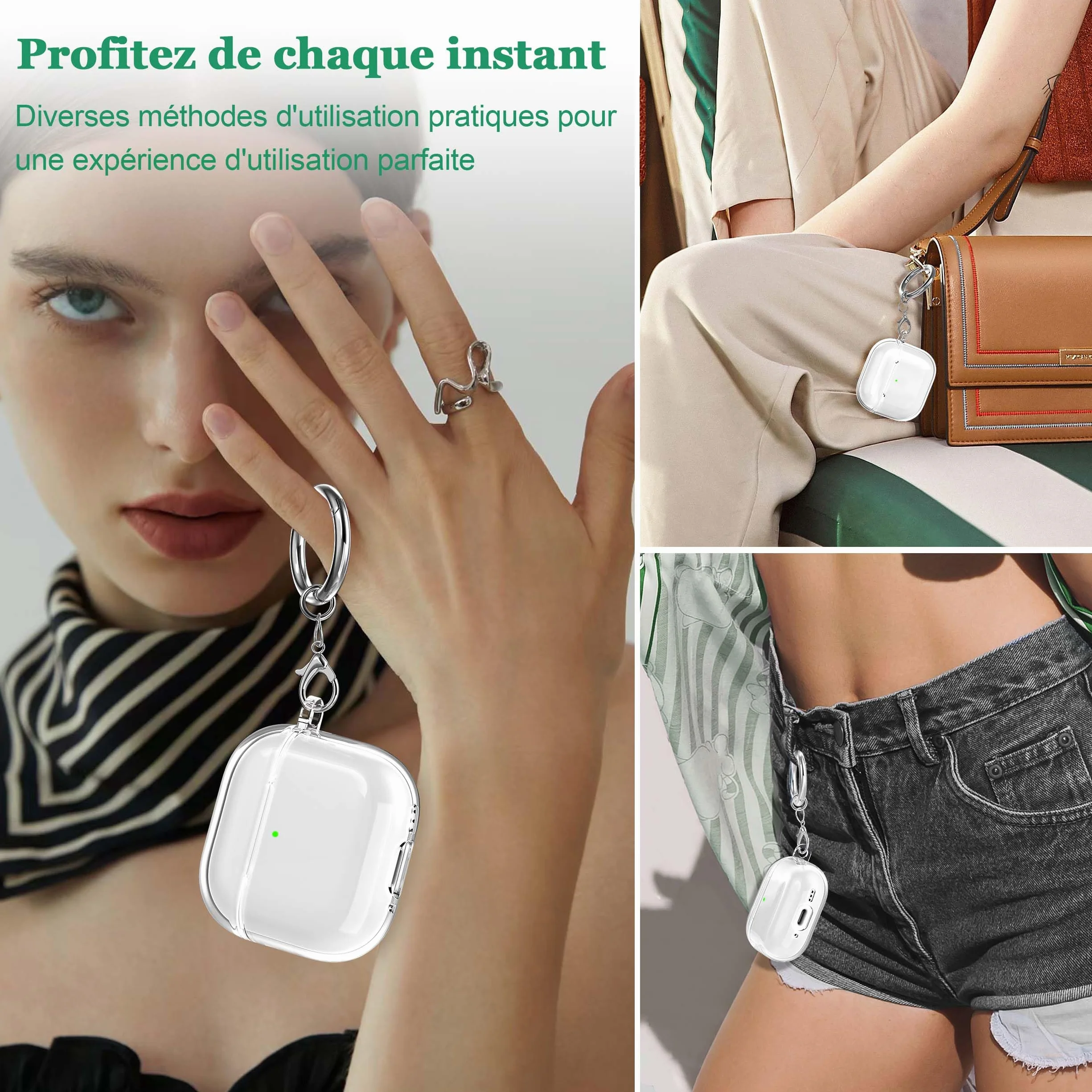 Coque AirPods 4 2024 TPU Transparent Anti-jaunissement avec Kit de Nettoyage Boucle Ronde Blanc
