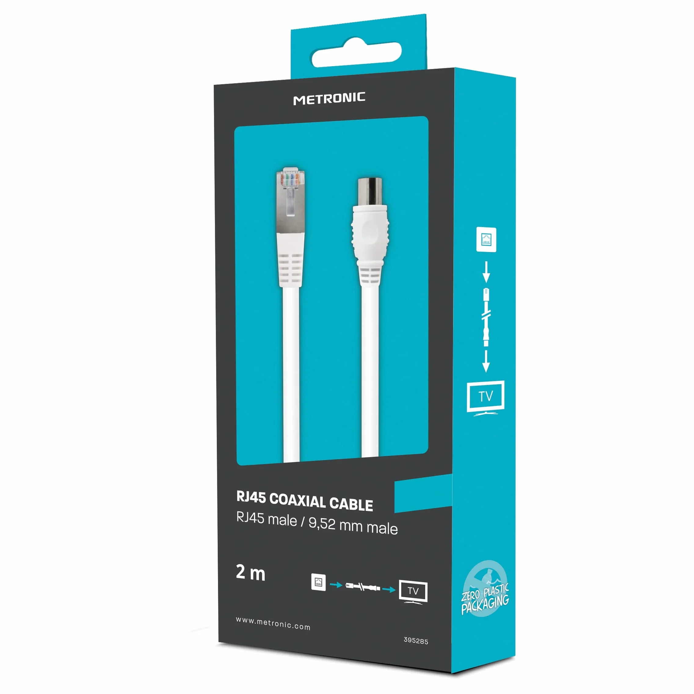 METRONIC Câble RJ45 TV coaxial 9,52mm Mâle/Male 2 mètres blindé contact dorés Blanc