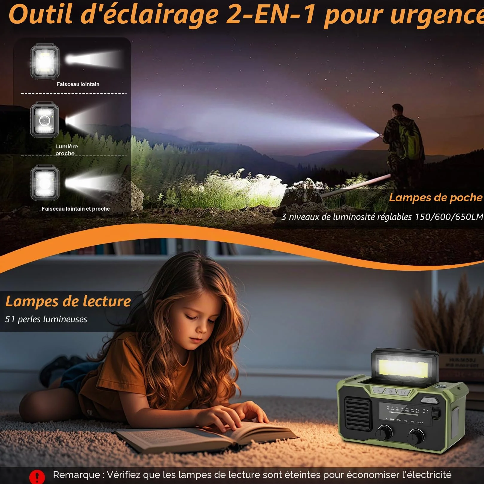 27000mAh Radio Survie FM/AM Solaire Bluetooth 5.3 Alarme SOS Boussole Lampe Dynamo Vert