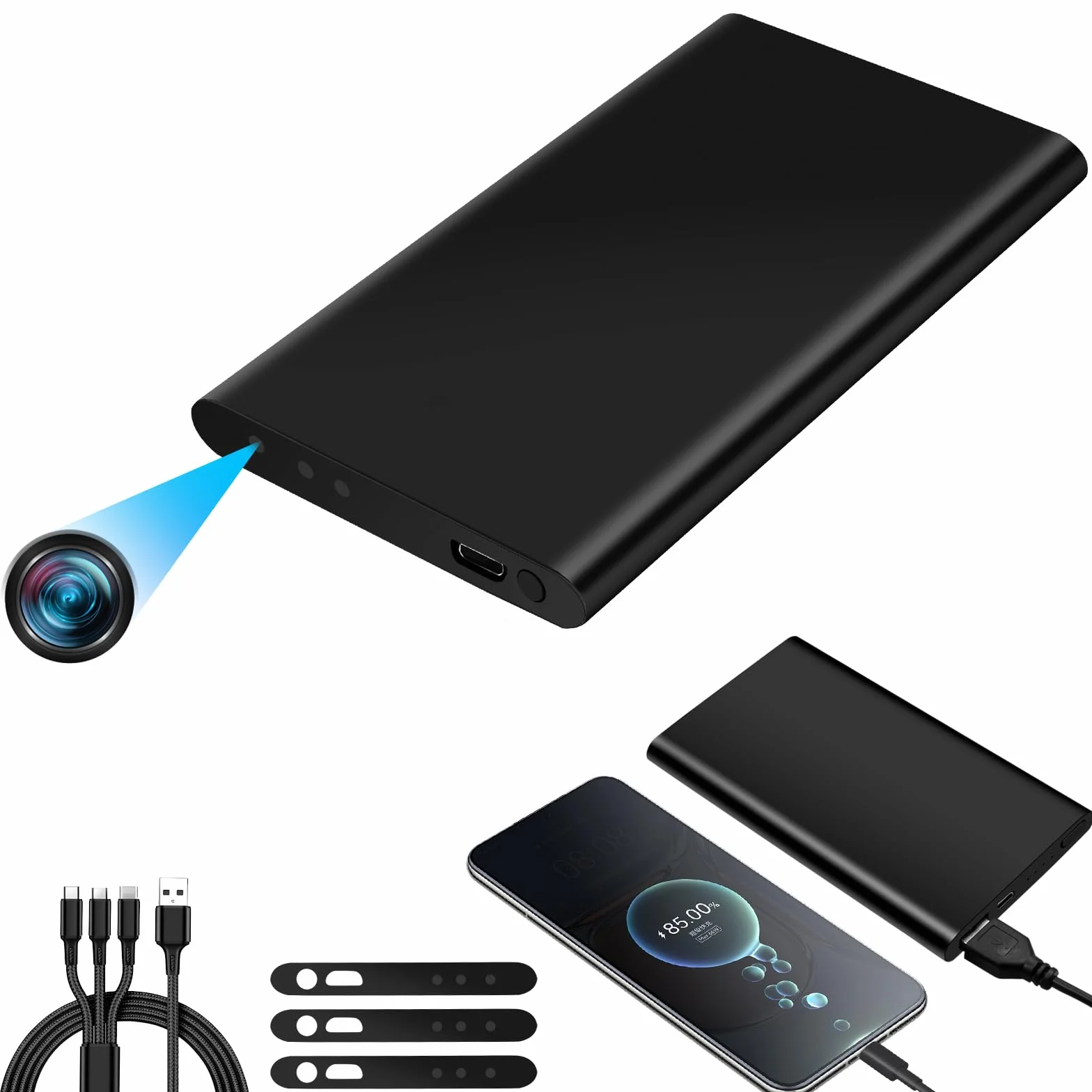 Caméra Espion Power Bank, Double Fonction 1080P HD Caméra Cachée Power Bank, Batterie 5000 mAh pour 17 Heures D'enregistrement avec Câble USB 3-en-1