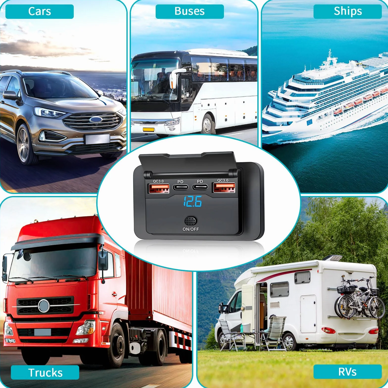 76W 4 Port Prise USB 12V Camping Car Encastrable Double 36W PD & Double 18W QC3.0 avec Interrupteur et Couvercle Etanche Prise Chargeur Voiture USB C Montage Surface pour Bus RV Camion Marine
