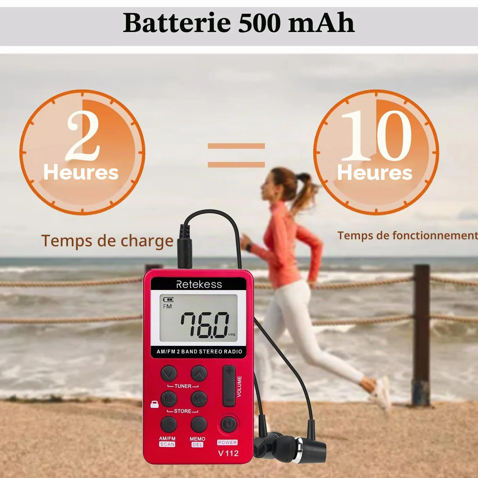 Retekess V112 Mini Radio FM de Poche,Radio Portable,FM AM,Prise Casque,d'Extérieur,Convient pour Course à Pied,de Sport,Randonnée,Le Camping(Rouge)
