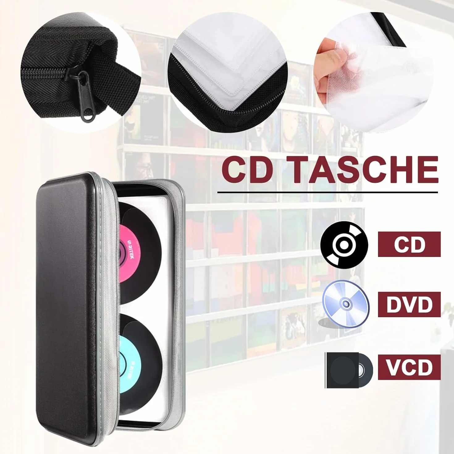Sac CD, sac de rangement pour disques CD DVD, sac de rangement pour CD pour la maison et les automobiles pouvant contenir 80 disques en noir.