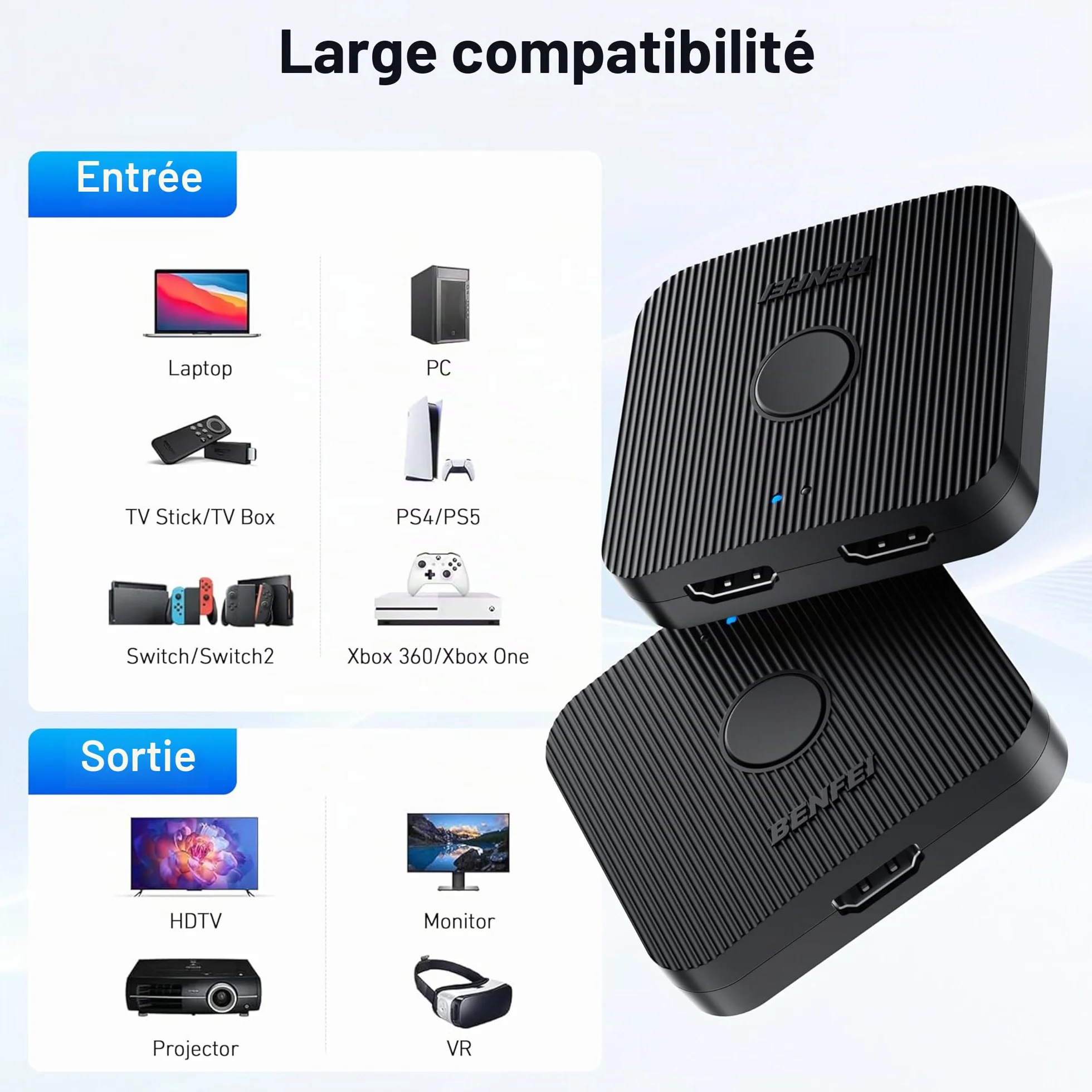 BENFEI Commutateur HDMI 4K 2 Entrées 1 Sortie Prend en Charge 4K 3D HD 1080p Compatible Firestick Xbox PS4 Roku HDTV