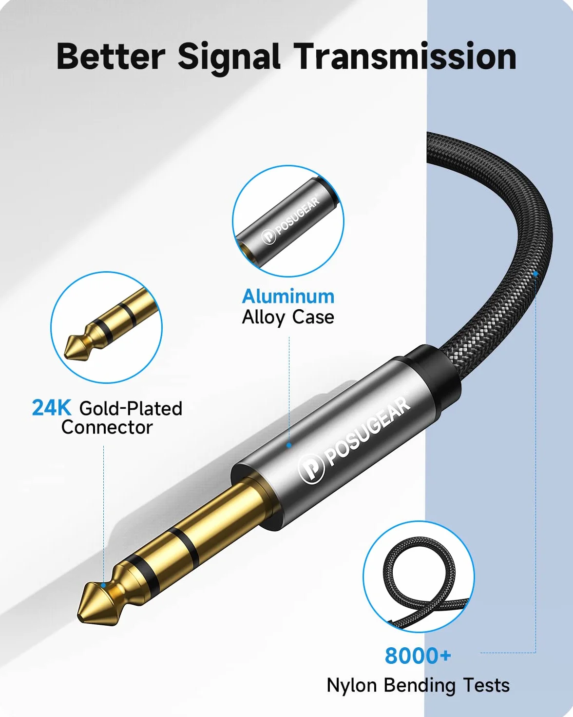 POSUGEAR Câble Audio 3.5mm vers 6.35mm Stéréo Jack 3M, Nylon Tressé Jack Stéréo 6.35 Mâle vers 3.5 Mâle pour Lecteurs de DVD, Haut-parleurs, Table de Mixage, Cinéma Maison etc.