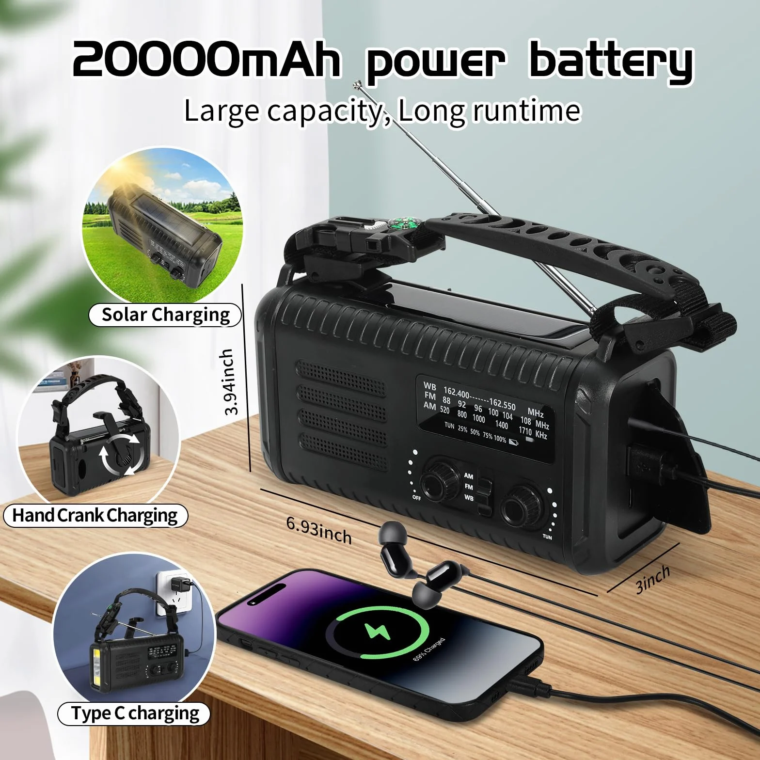 Radio météo d'urgence solaire 20 000 mAh AM/FM/NOAA avec lampe de poche et chargeur téléphone