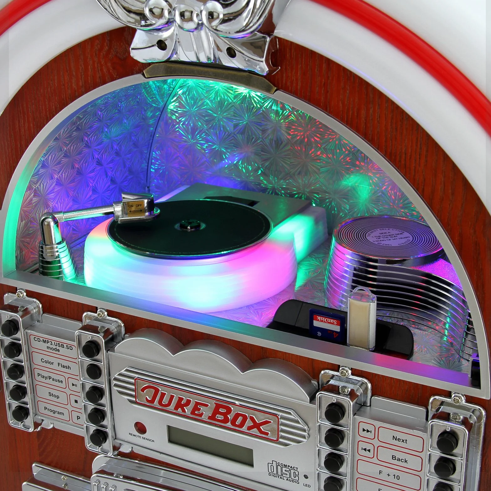 Jukebox Style Rétro Années 50 avec Éclairages LED Couleurs Changeantes, Bluetooth, AUX, Lecteur CD, Radio AM/FM