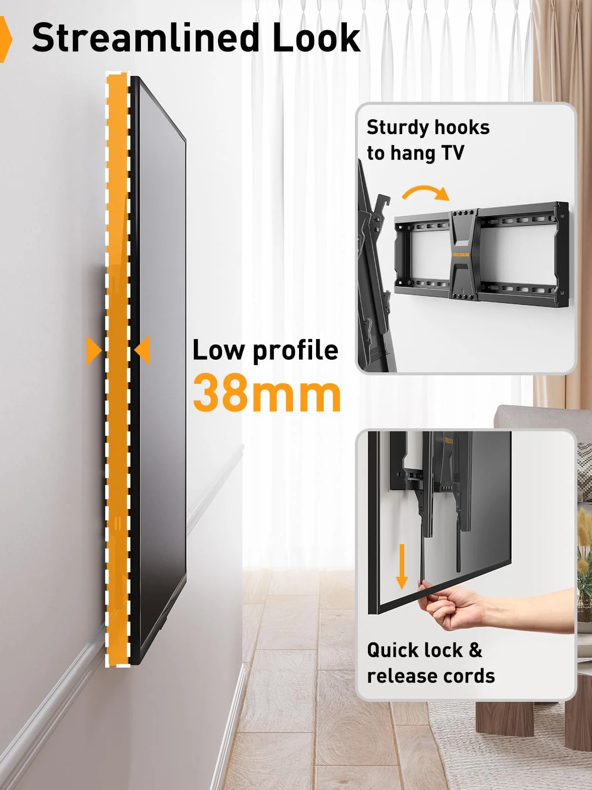 Perlegear Support Mural TV Inclinable pour téléviseurs de 37-82 Pouces Plasma OLED LCD jusqu'à 60 kg, Fixation Murale TV inclinable pour téléviseurs Plats ou incurvés Max VESA 600x400mm, PGLT5