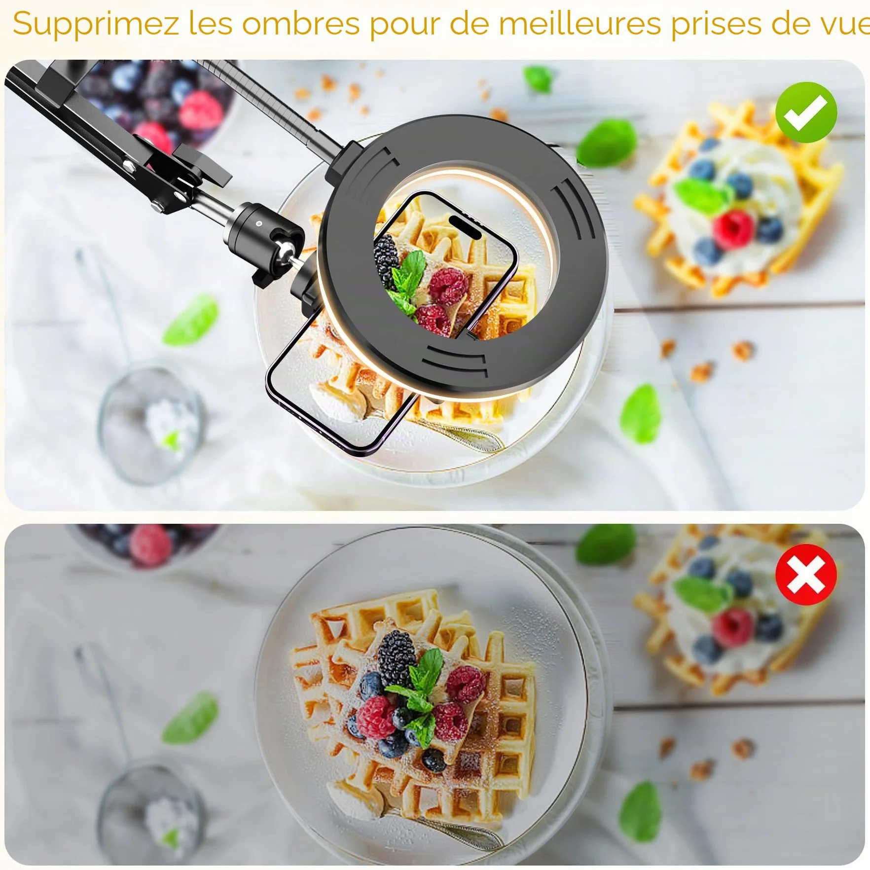 Support de caméra aérien avec Anneau Lumineux, Support de Bras de téléphone articulé Flexible Compatible avec iPhone, Webcam Logitech, trépied de Bureau pour Youtube Live Stream Video Recording