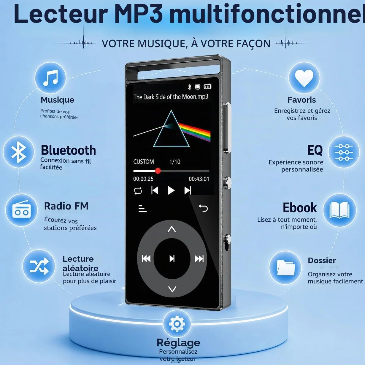 Lecteur Mp3 Bluetooth 5.3 Son HiFi, Boutons Tactiques, Structure Métall, Écran Couleur, Extension 128Go, Écouteurs Inclus Noir