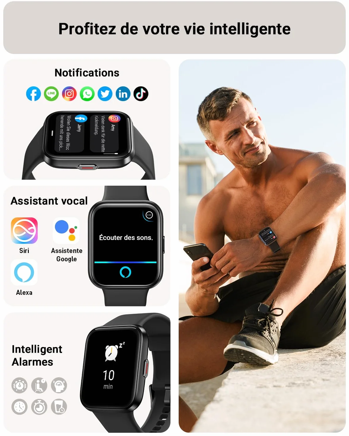 Montre Connectée Homme, 1,85" Femme Smartwatch pour Samsung iPhone Android, Alexa intégrée 3ATM 100+ Modes Sportifs Moniteur de SpO2/Sommeil/Fréquence Cardiaque/Podometre/Calories Noir