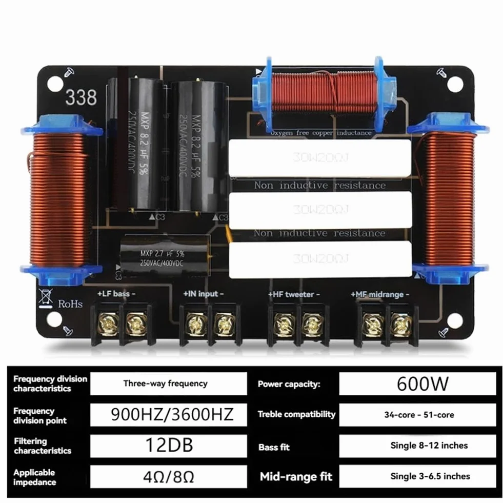 pour Haut-Parleur 3 Voies de 8 Pouces, 10 Pouces et 12 Pouces, 1 Tweeter, 1 Médium, 1 Haut-Parleur de Basse, Filtre Passe-Bas 600W 4Ohm/8Ohm.