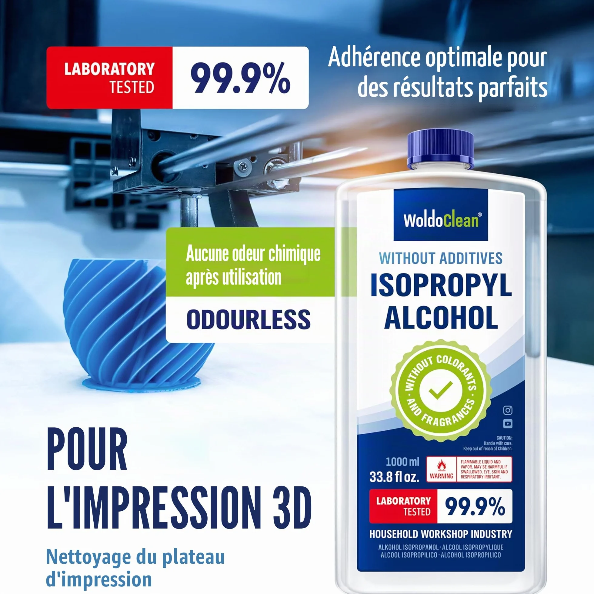 WoldoClean Isopropanol 99,9% Alcool Isopropylique 1L - IPA Haute Pureté, Incolore & Inodore, Sans Résidu pour Électronique, Imprimante 3D, Verre & Métal