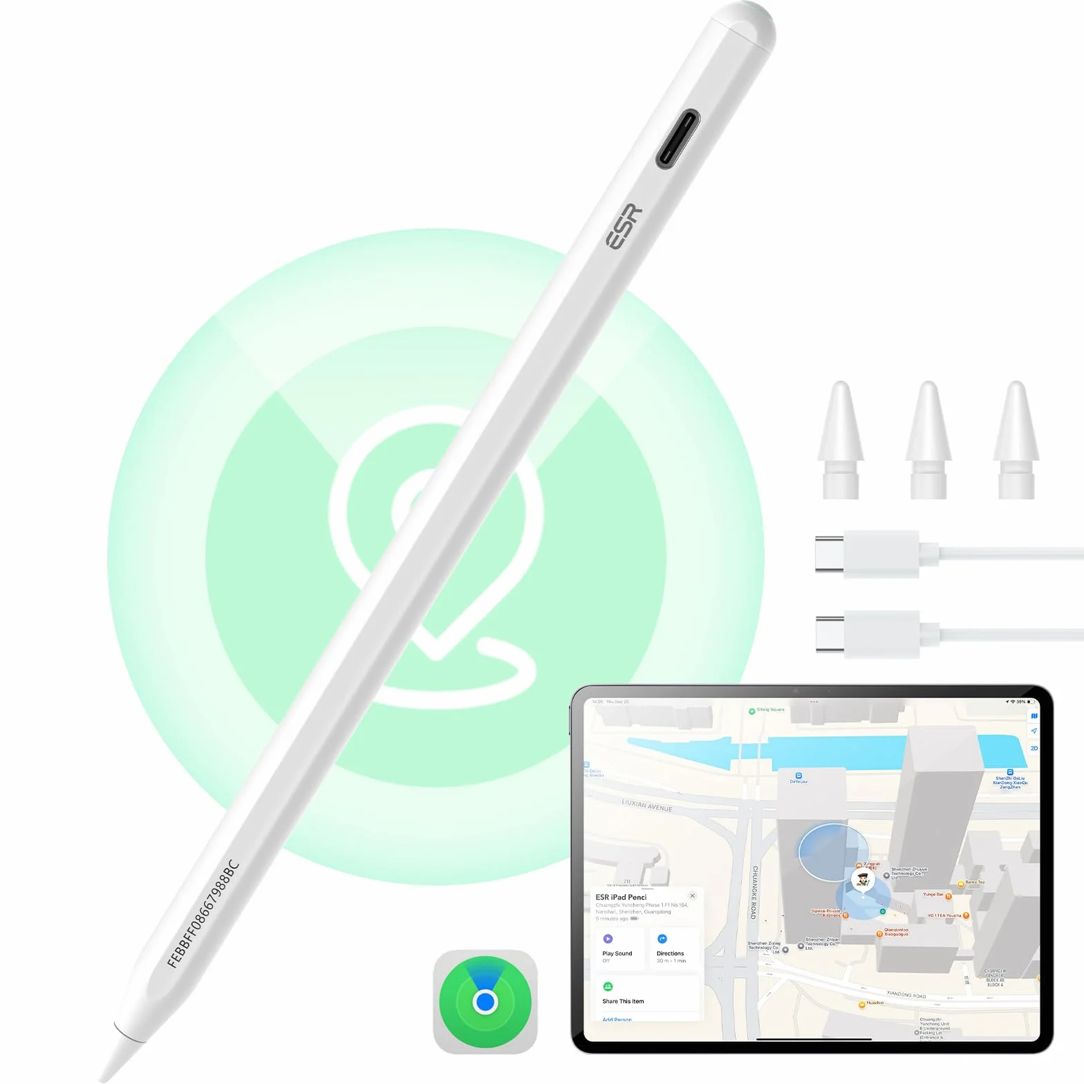 ESR Find My Stylet Digital Pencil Pro pour iPad 2018-2025, sensibilité à l'inclinaison, Blanc