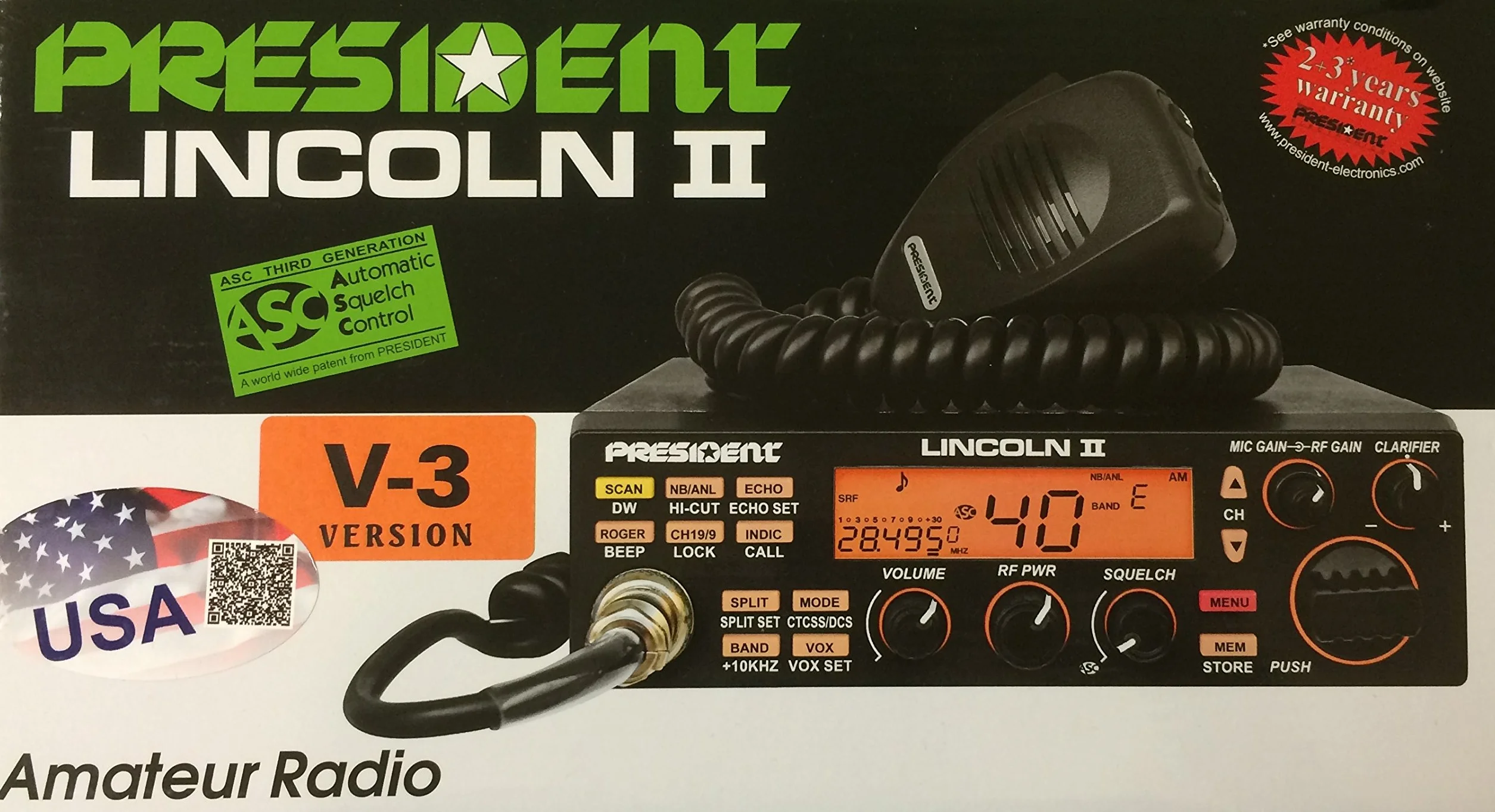 Radio amateur Président LINCOLN II + ASC 10 / 12M, Roger Beep, ANL, NB, Filtre Hi-Cut, AM-FM-USB-LSB-CW, Programmable, 12V