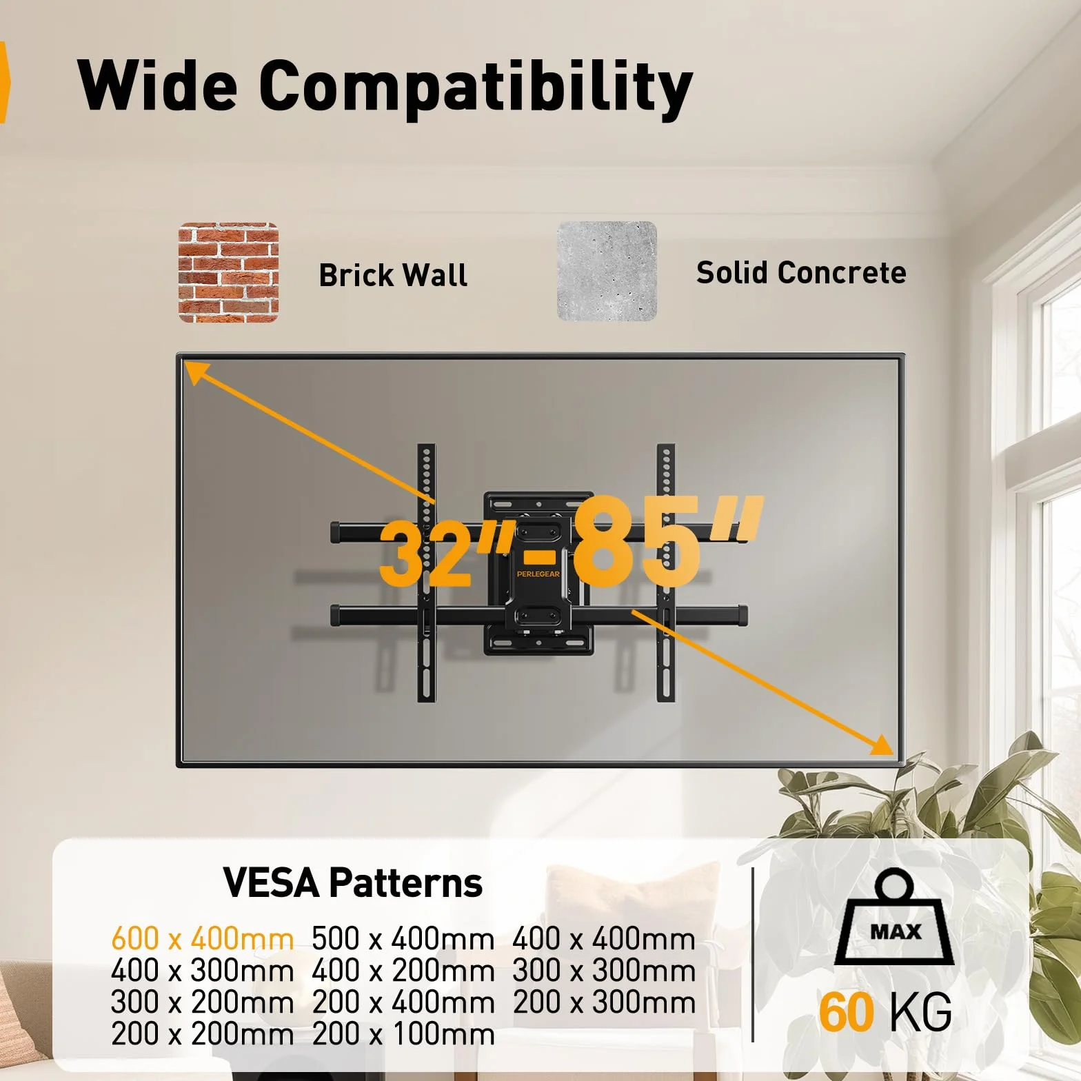 PERLEGEAR Support Mural TV à Mouvement Complet pour téléviseurs Plats ou incurvés de 32 à 85", Support TV Mural avec Inclinaison sans Outil et Gestion des câbles, jusqu'à 60 kg, Max VESA 600x400 mm