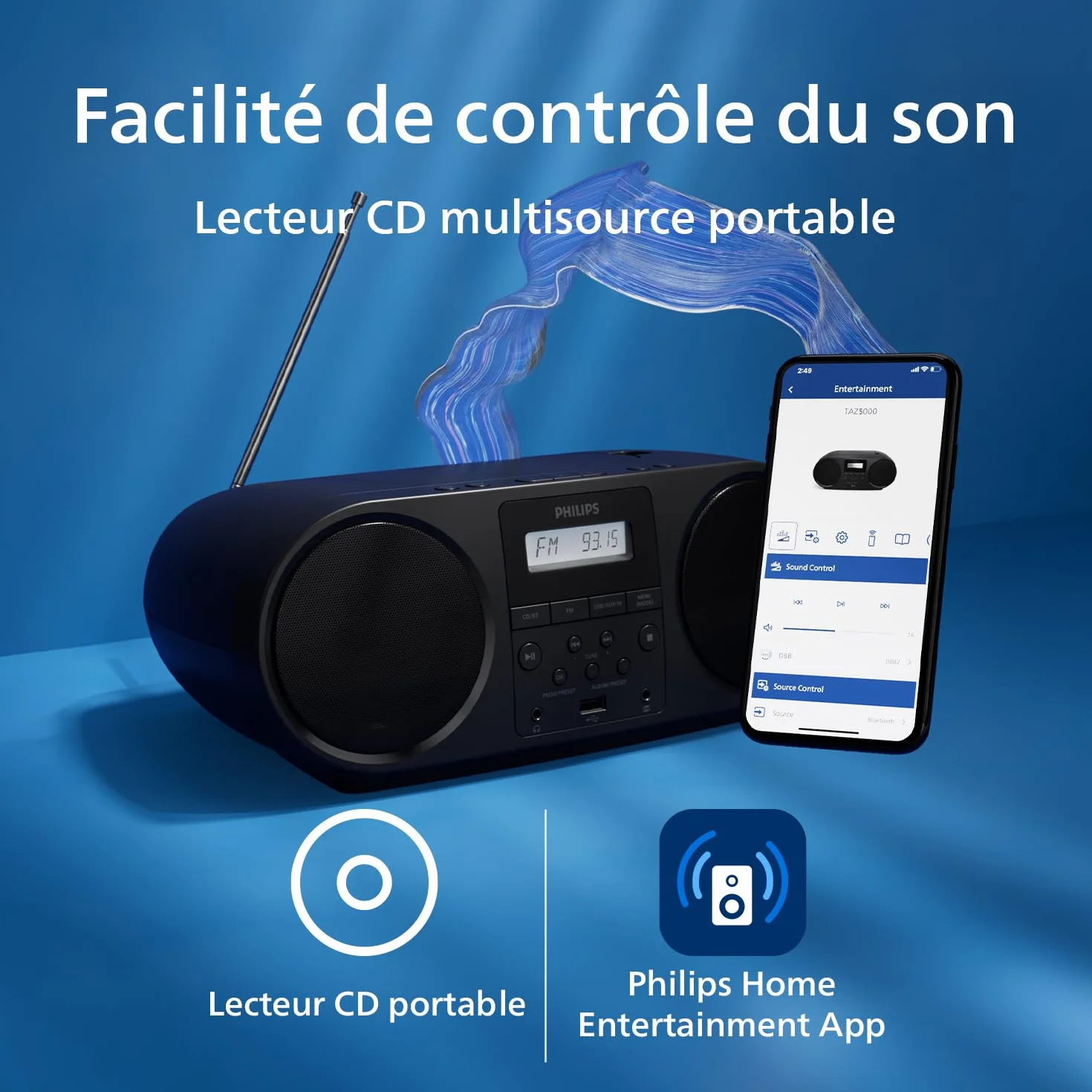 Philips TAZ5000 Lecteur CD Radio FM Bluetooth 5.4 USB Batterie Alimentation CA Amplification Dynamique des Basses Prise Casque 3,5 mm