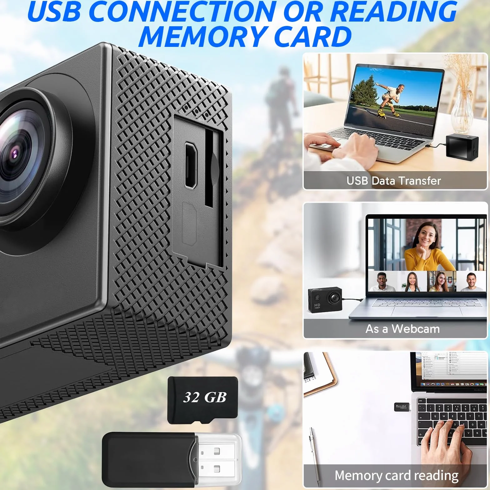 Caméra Sport 1080P Etanche 30M Grand Angle avec Carte Mémoire 32GB et Deux Piles Rechargeables 900mAh