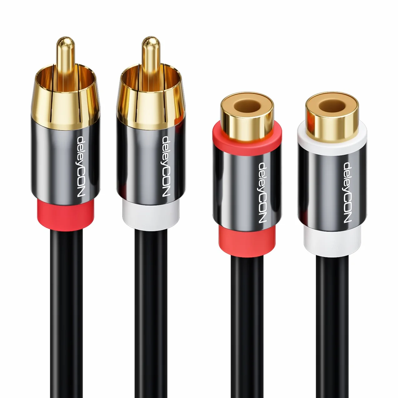 deleyCON 7,5m Câble Rallonge Cinch RCA Stéréo Audio - 2x Fiche vers 2x Prise - Connecteurs Métalliques Dorés Noir