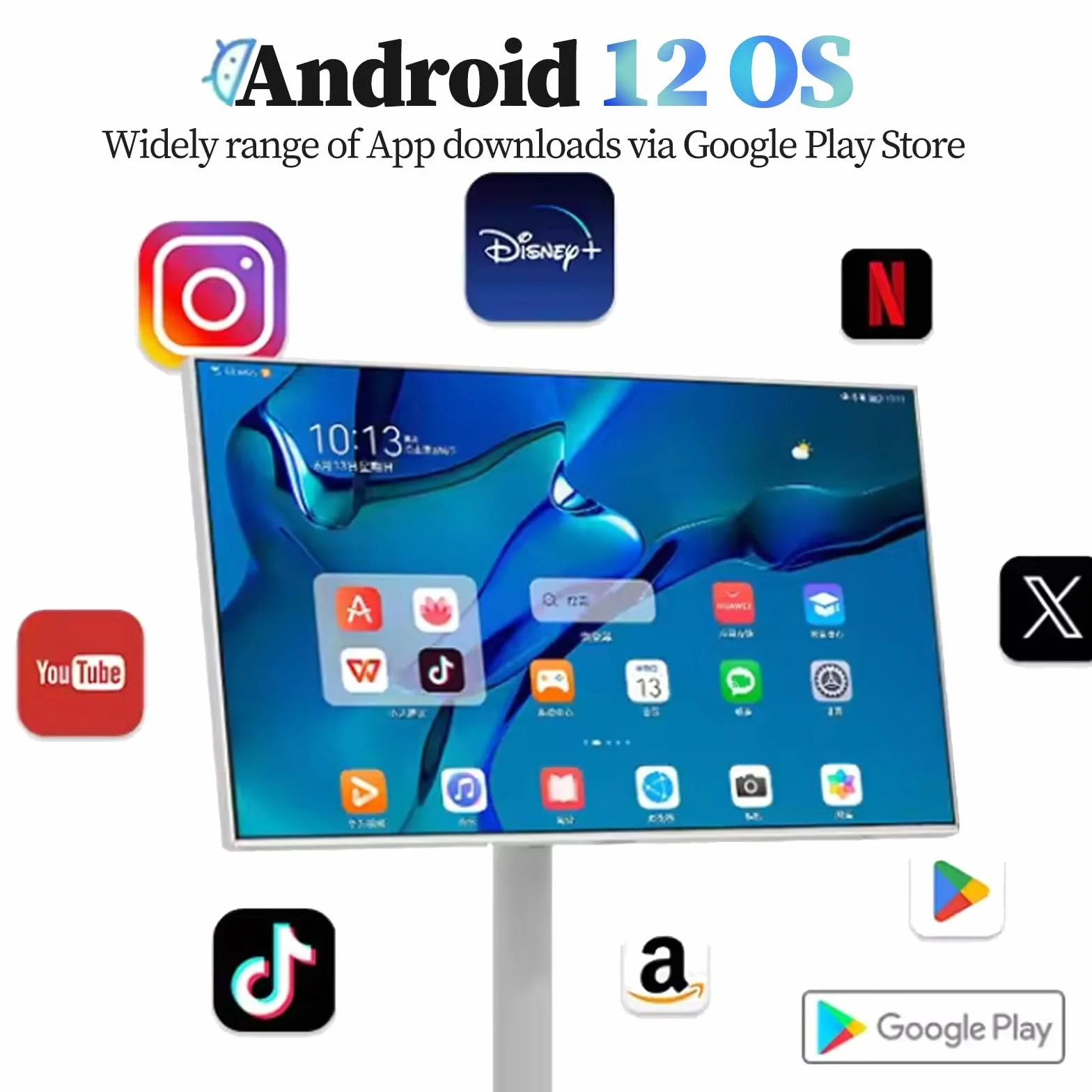 Téléviseur Portable 32 Pouces - écran Tactile 1080p sur roulettes avec Caméra 8 Mpx, Stockage 8 Go + 128 Go, Batterie 10 000 Mah, Tablette TV Rotative avec Télécommande 32inch-6+64G