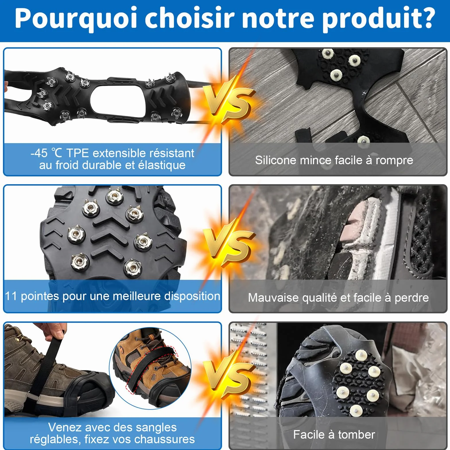 Crampons Chaussures Anti Verglas Neige et Glace Traction Antidérapant Universelles pour Hiver Randonnée Pêche