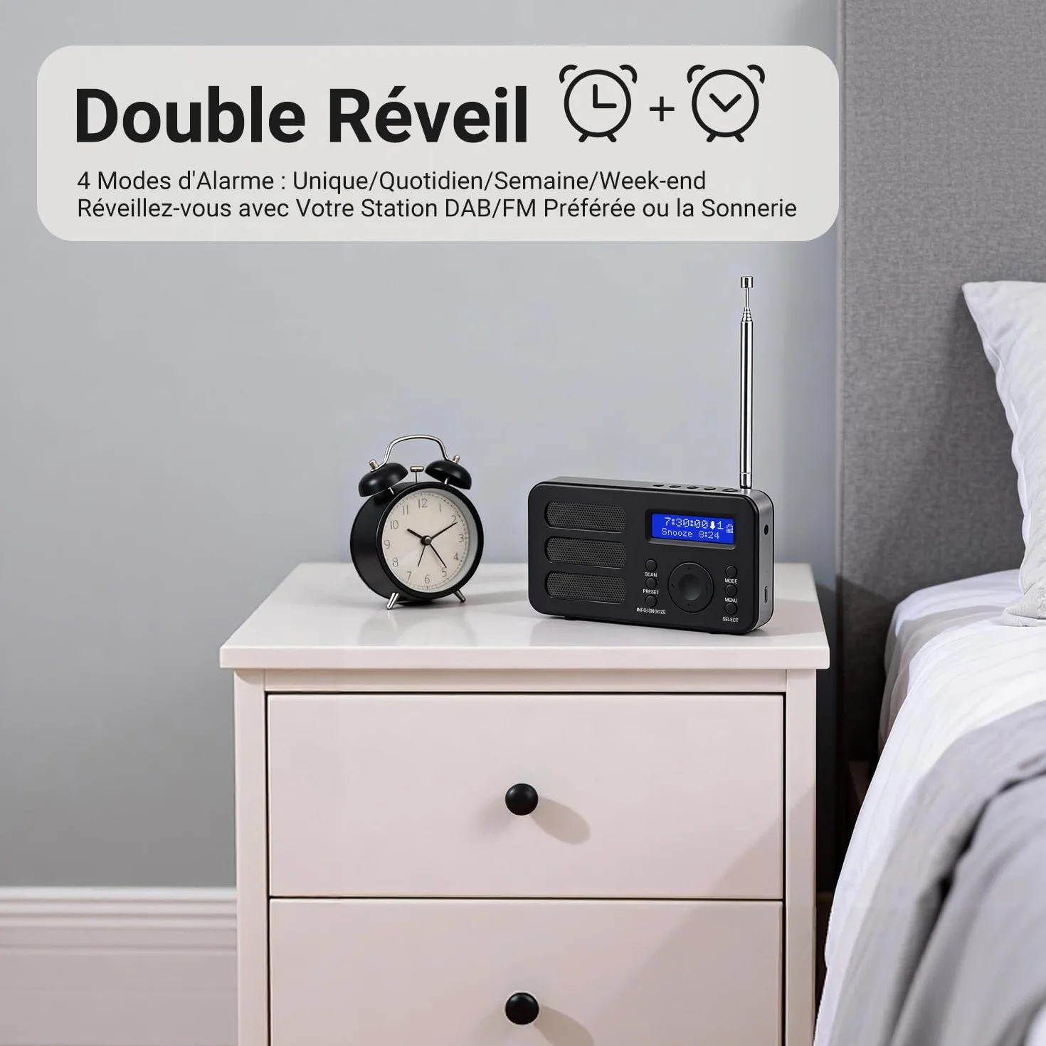 August MB225 - Radio Portable Rechargeable FM Dab RNT - Petite Radio Numérique Stéréo Portative Digitale avec Batterie Alarme Poste 40 Présélections et Prise écouteurs (Noir)