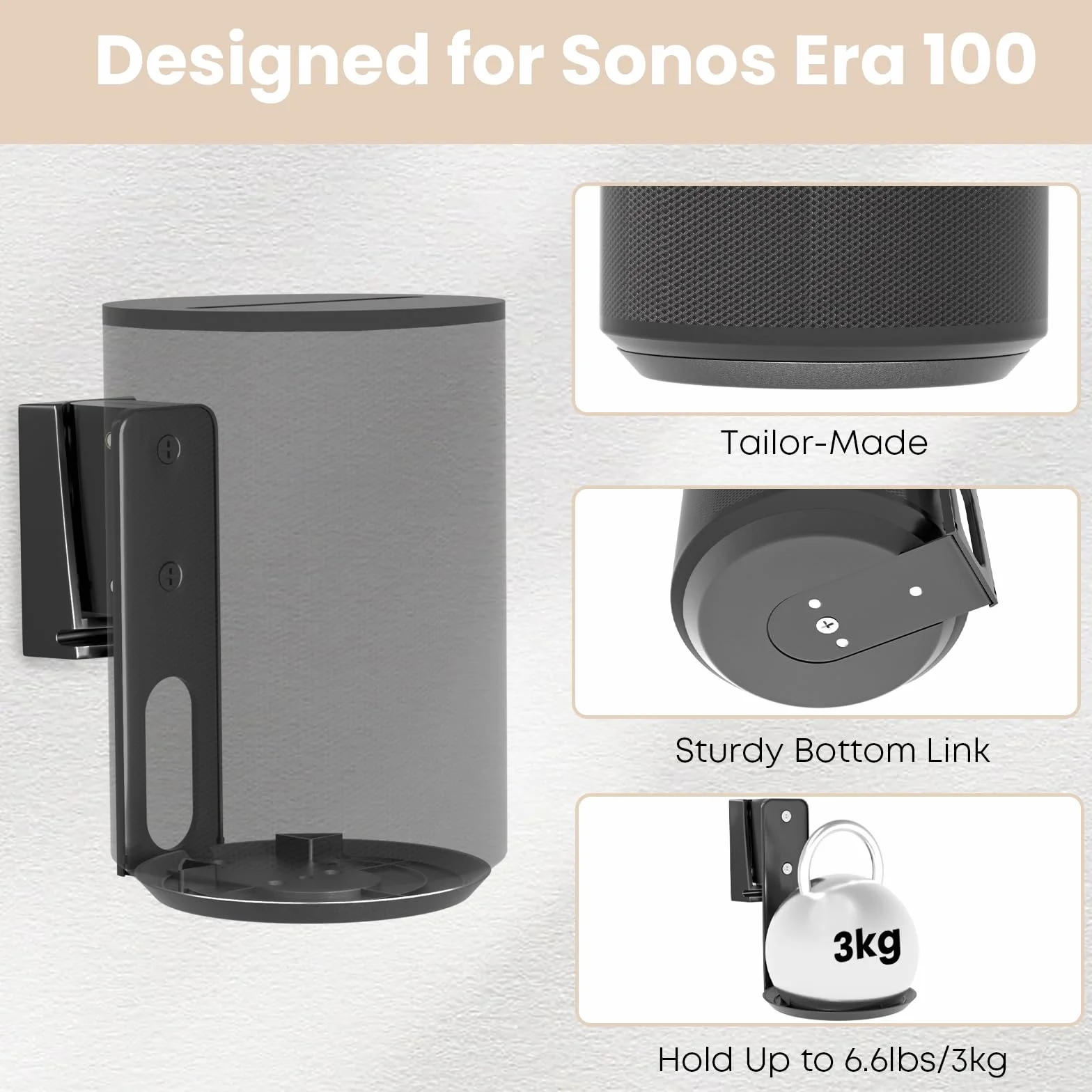 PUTORSEN Support Mural pour Sonos Era 100, Support Enceinte Murale Inclinable Orientable pour Un Meilleur Plaisir Audio,Gestion des Câbles,Supporte Jusqu'à 3 kg(1 Support,Noir)