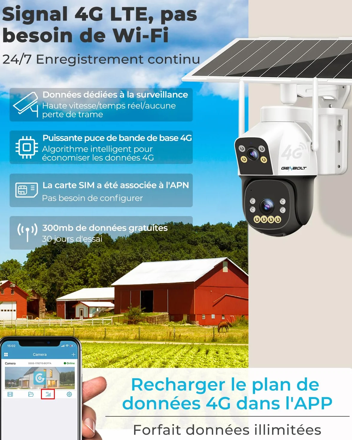 GENBOLT 4G AOV Solaire Caméra De Surveillance Extérieur sans Fil, Enregistrement 24/7 3MP+3MP IP SIM Caméra Surveillance Batterie avec détection IA, 8W 15600mAh Caméra CCTV