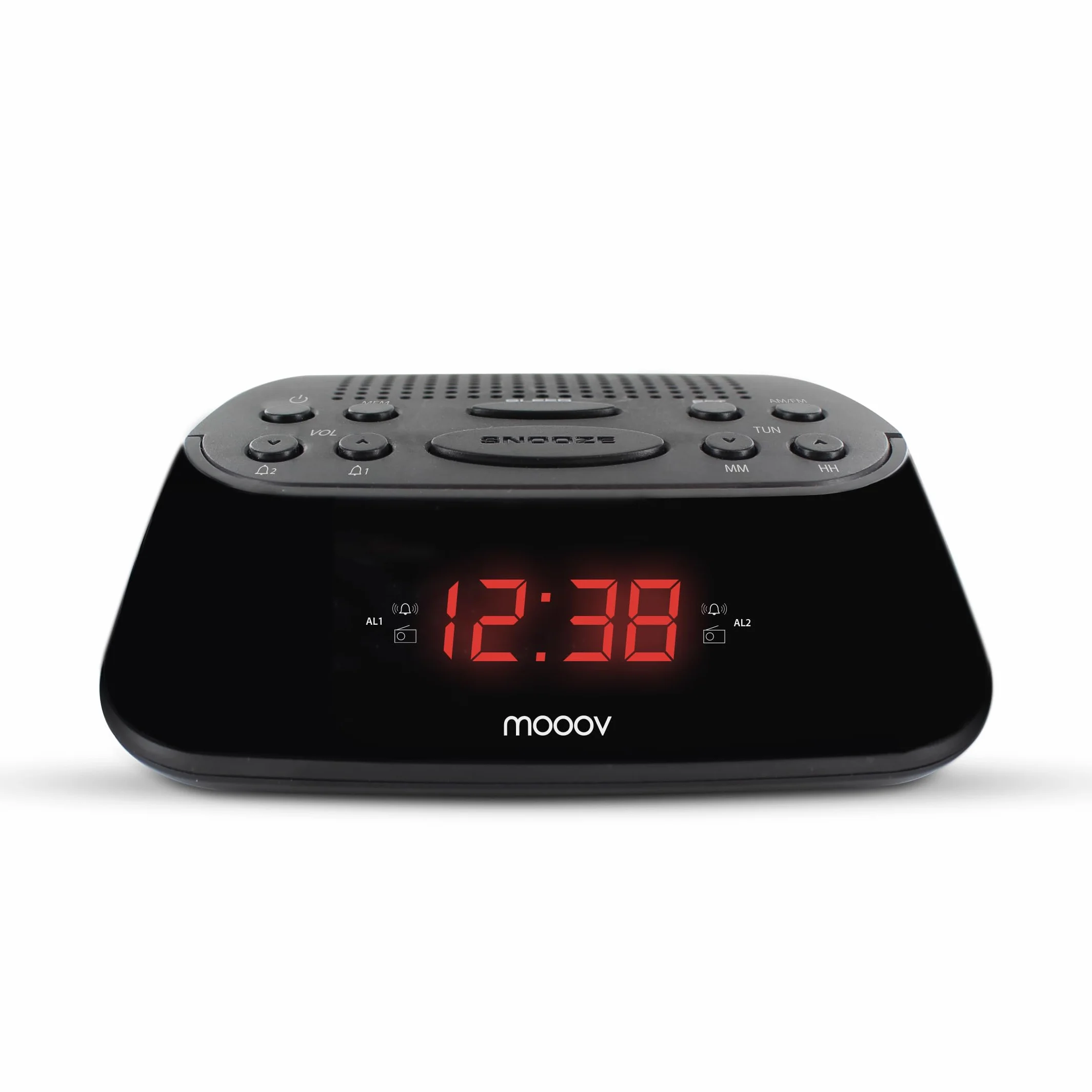 METRONIC 477003 Radio-Réveil FM Double Alarme (Programmable Radio FM ou Buzzer) avec Grand Ecran Affichage Rouge, Fonction Snooze, Alimentation Secteur + Sauvegarde Piles, Simple d'Utilisation - Noir