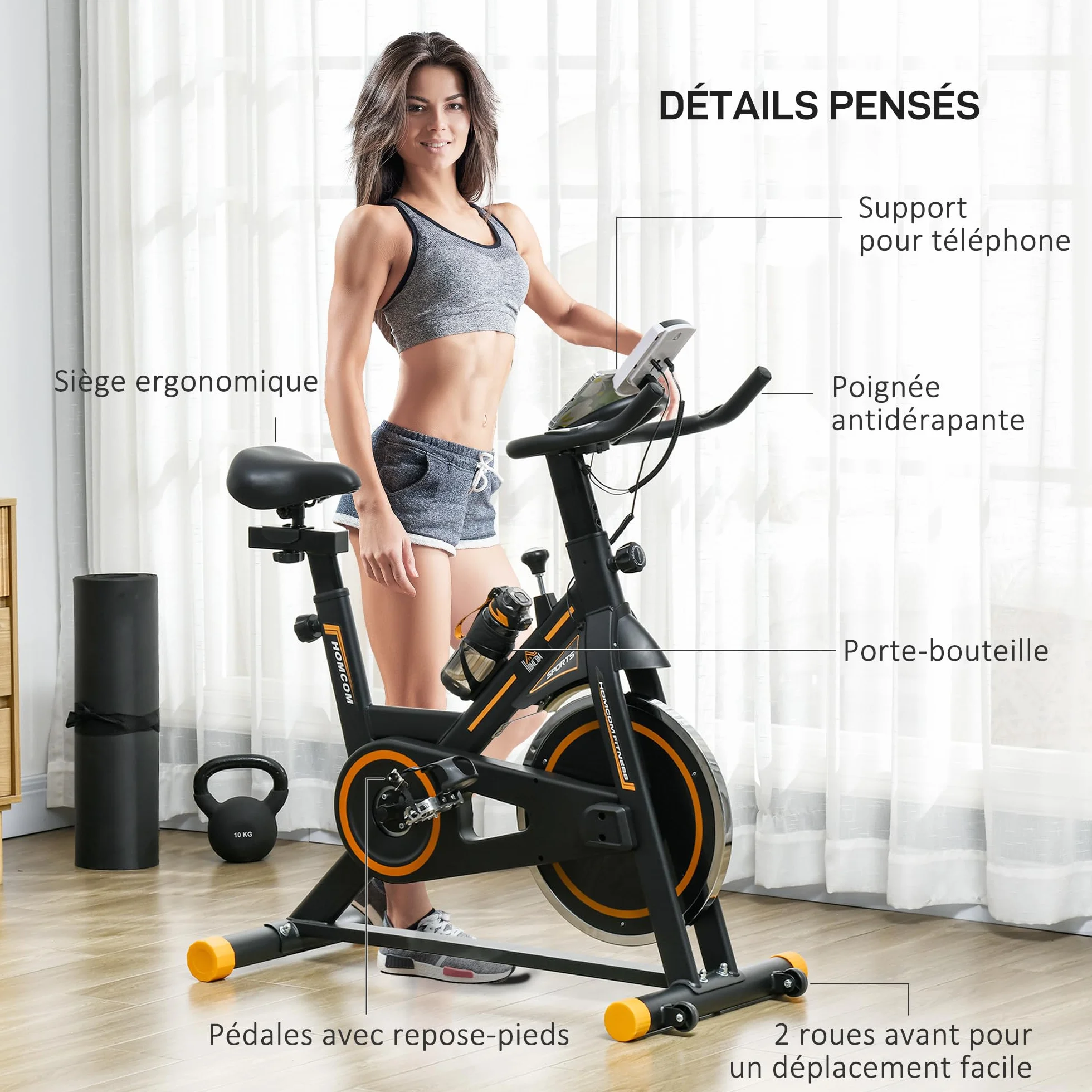 HOMCOM Vélo d'Appartement avec Écran LCD, Résistance Réglable, Charge 120 kg, Noir et Orange