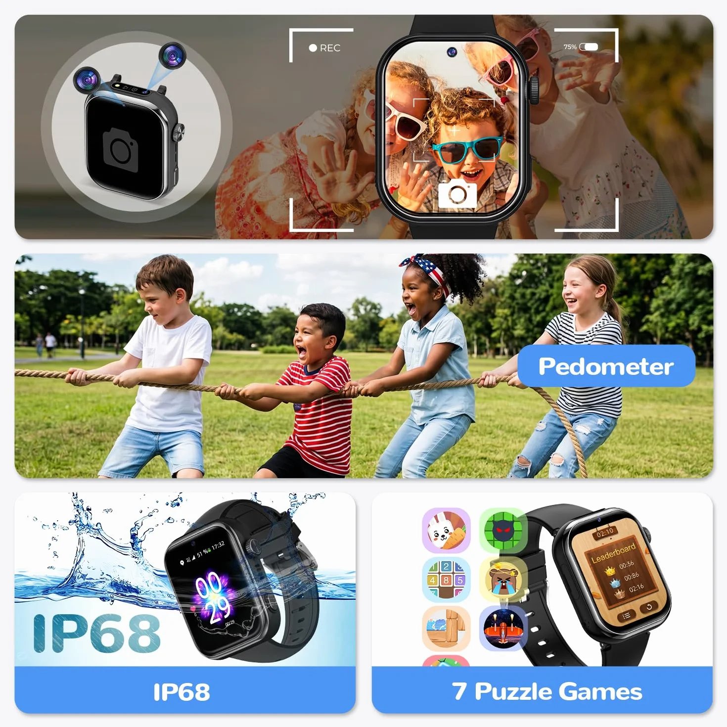 4G Montre Connectée Enfant, Montre Telephone Enfant avec GPS, Appel Vidéo, Chat Vocal, Double Caméra, SOS, Mode École, Podomètre, Réveil, Appareil Photo, IP68, Smartwatch pour Garçons Filles, Noir