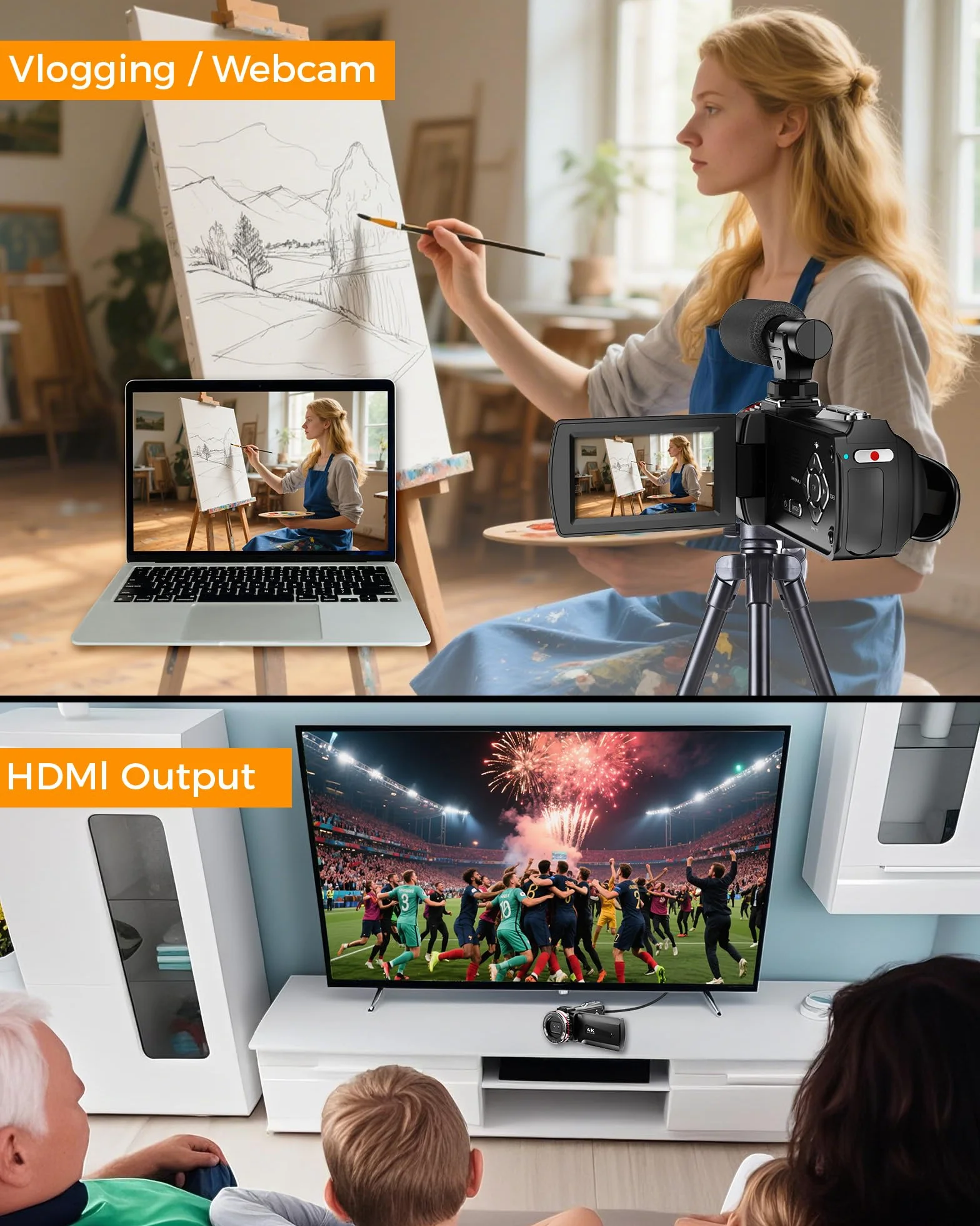 Caméscope 4K 48X Zoom Numérique 21X Vlogging Caméra avec Carte 32 Go, Microphone, Télécommande