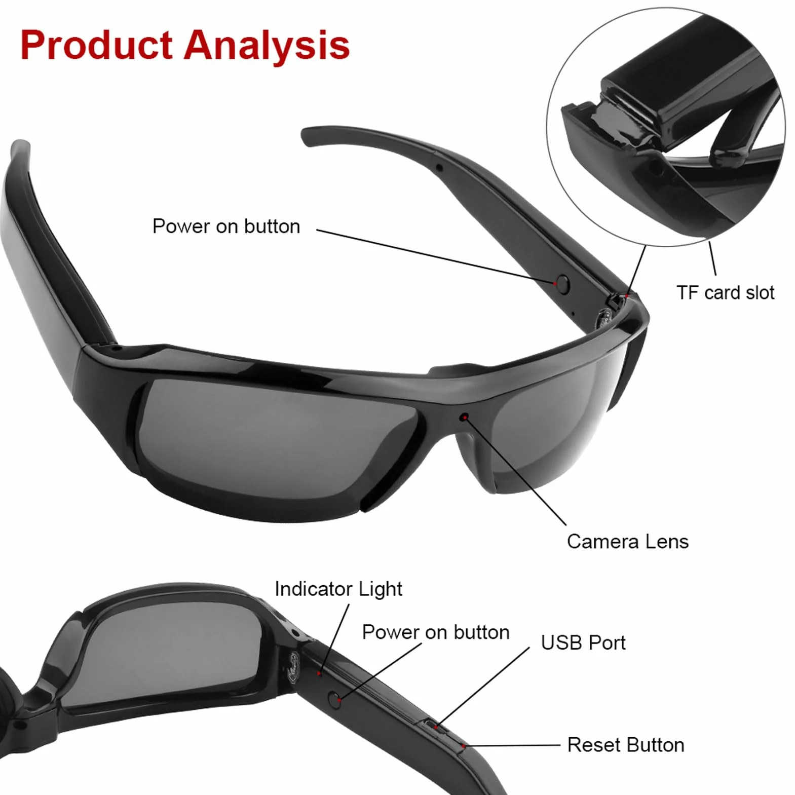 Zunate Lunettes de Soleil avec Caméra 1080P, Lunettes de Caméra d'action de Sport avec Objectif Grand Angle, Photo en Un Seul, Vidéo Double, pour Les Voyages à Vélo