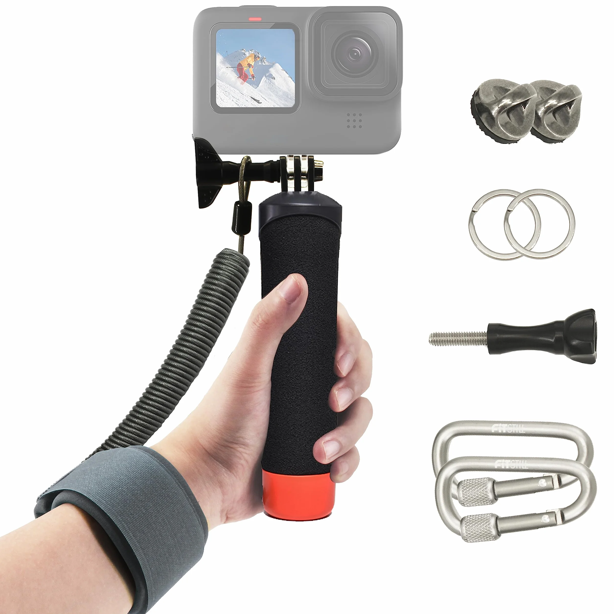 FitStill Monopode étanche avec poignée flottante + corde en acier Cored de sécurité pour caméras d'action Go Pro Hero Session DJI Osmo plongée sous-marine Selfie Stick