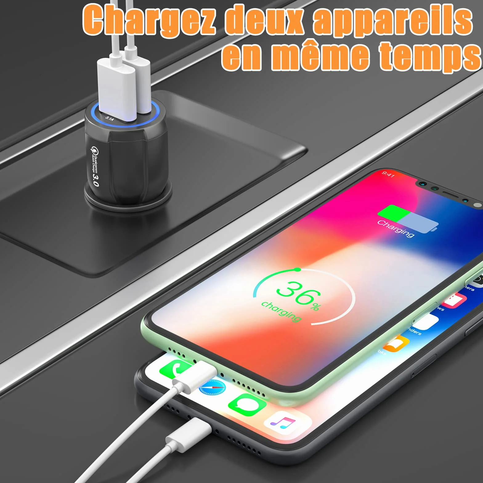 Hoppac Chargeur de Voiture USB, 2 Ports, Quick Charge 3.0 Allume-Cigare Compatible avec iPhone, iPad Samsung Galaxy S10/S9/S8, Huawei, Xiaomi Noir