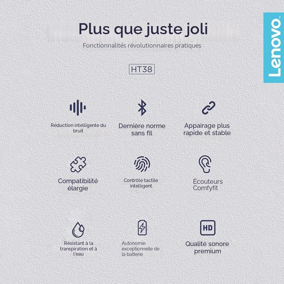 Lenovo – écouteurs sans Fil Bluetooth LivePods HT38 TWS, Mini Casque d'écoute, Commande Tactile 9D Stéréo, avec Micro, 30h d'autonomie