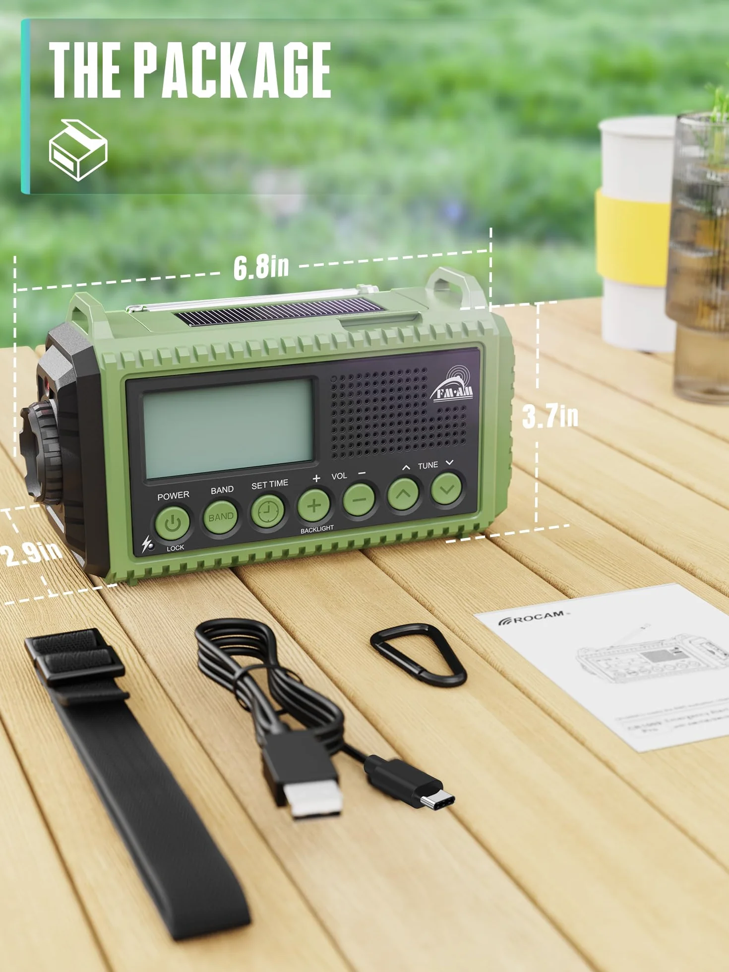 Radio Solaire FM/AM Portable 12000mAh Batterie Rechargeable d'Urgence avec Manivelle Lampe de Poche Chargeur Téléphone Alarme SOS