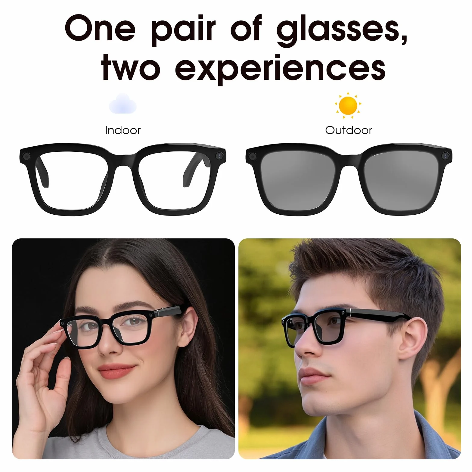 AI Smart Glasses Caméra HD 1200P avec 8 MP Anti-tremblement, lentilles photochromiques pour l'extérieur et Les Voyages, Enregistrement vidéo, Reconnaissance des Objets AI et intégration