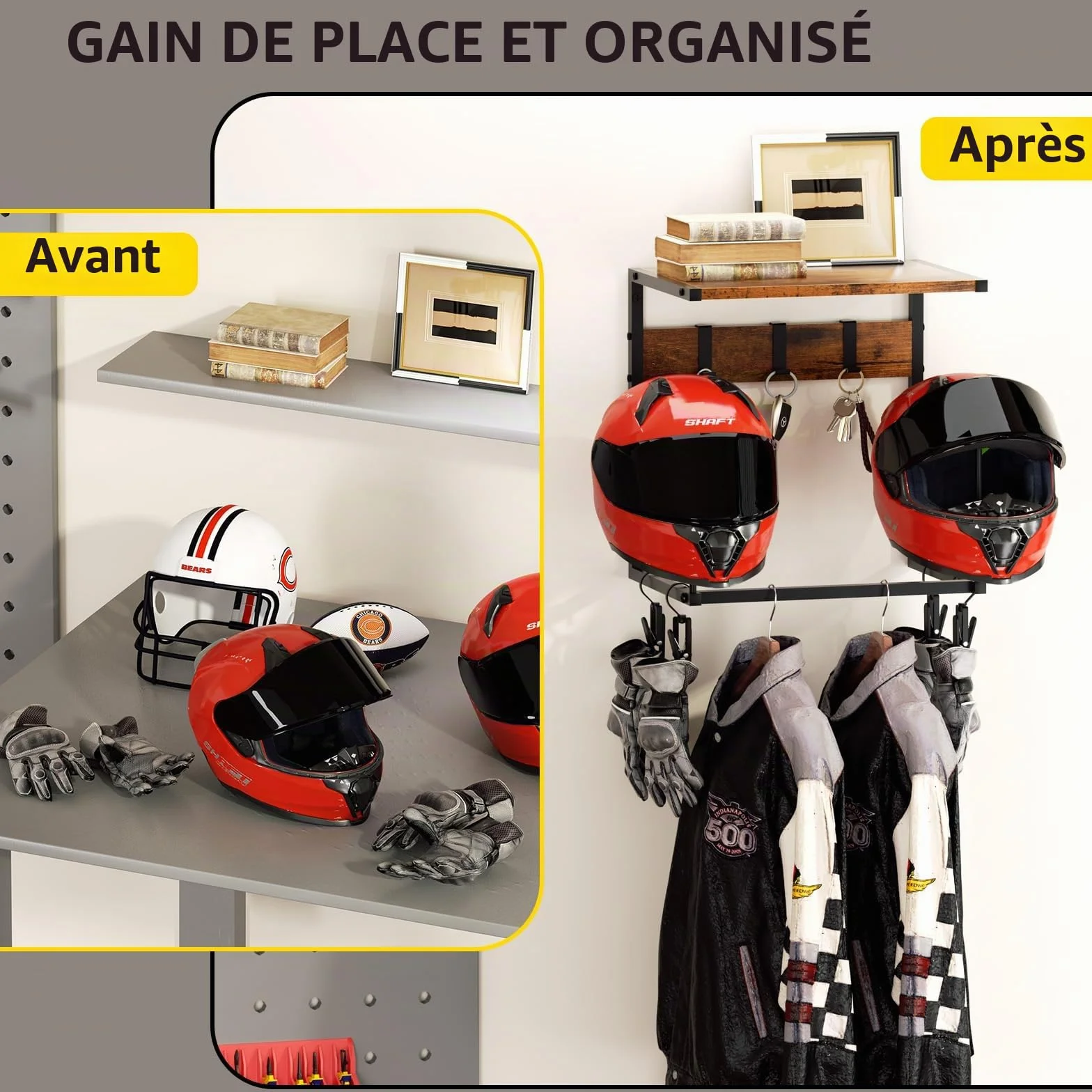 Urban Deco Support casque moto, porte casque avec 2 supports pour chapeaux, support pour repose à fixer au mur, support mural casque equipement moto, petit