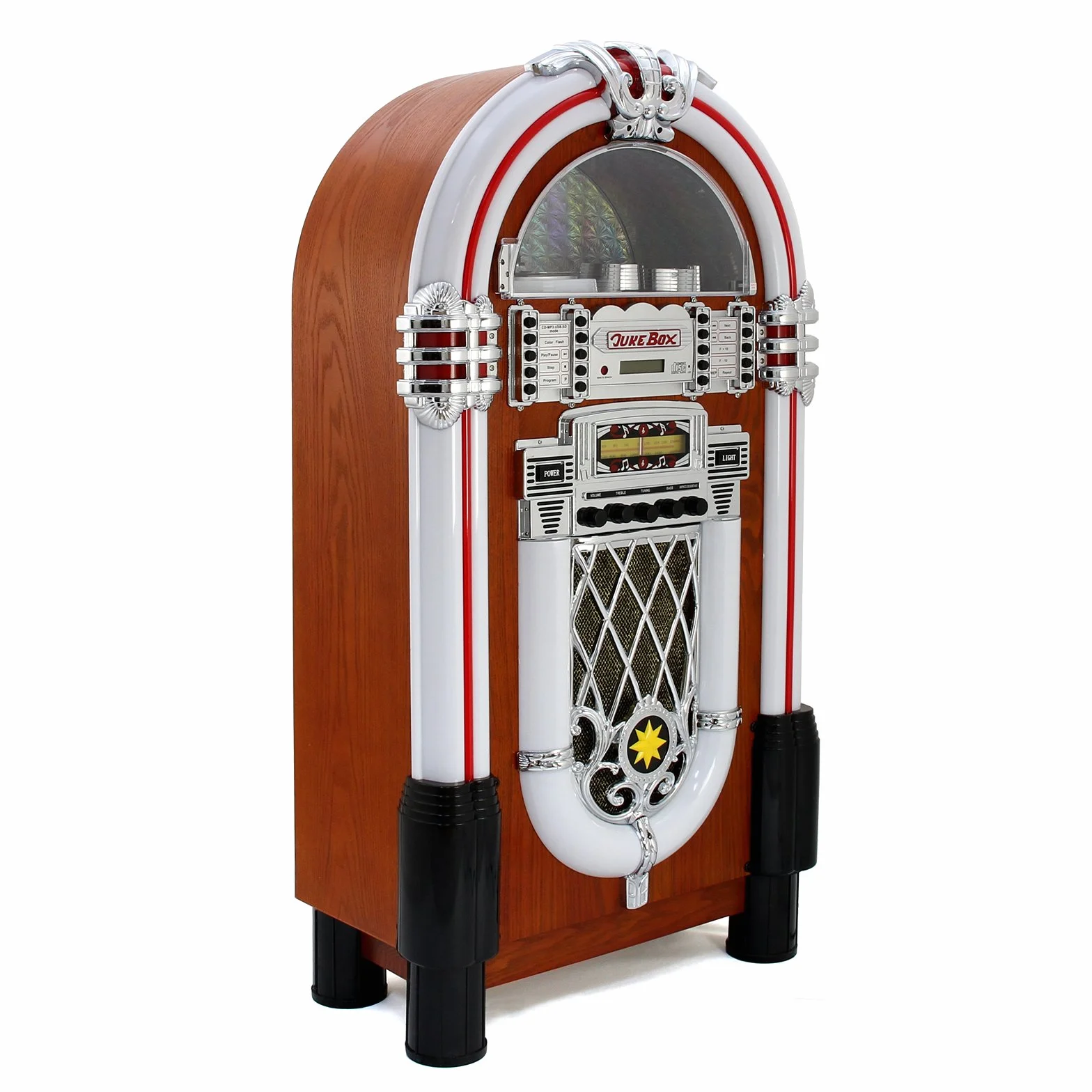 Jukebox Style Rétro Années 50 avec Éclairages LED Couleurs Changeantes, Bluetooth, AUX, Lecteur CD, Radio AM/FM