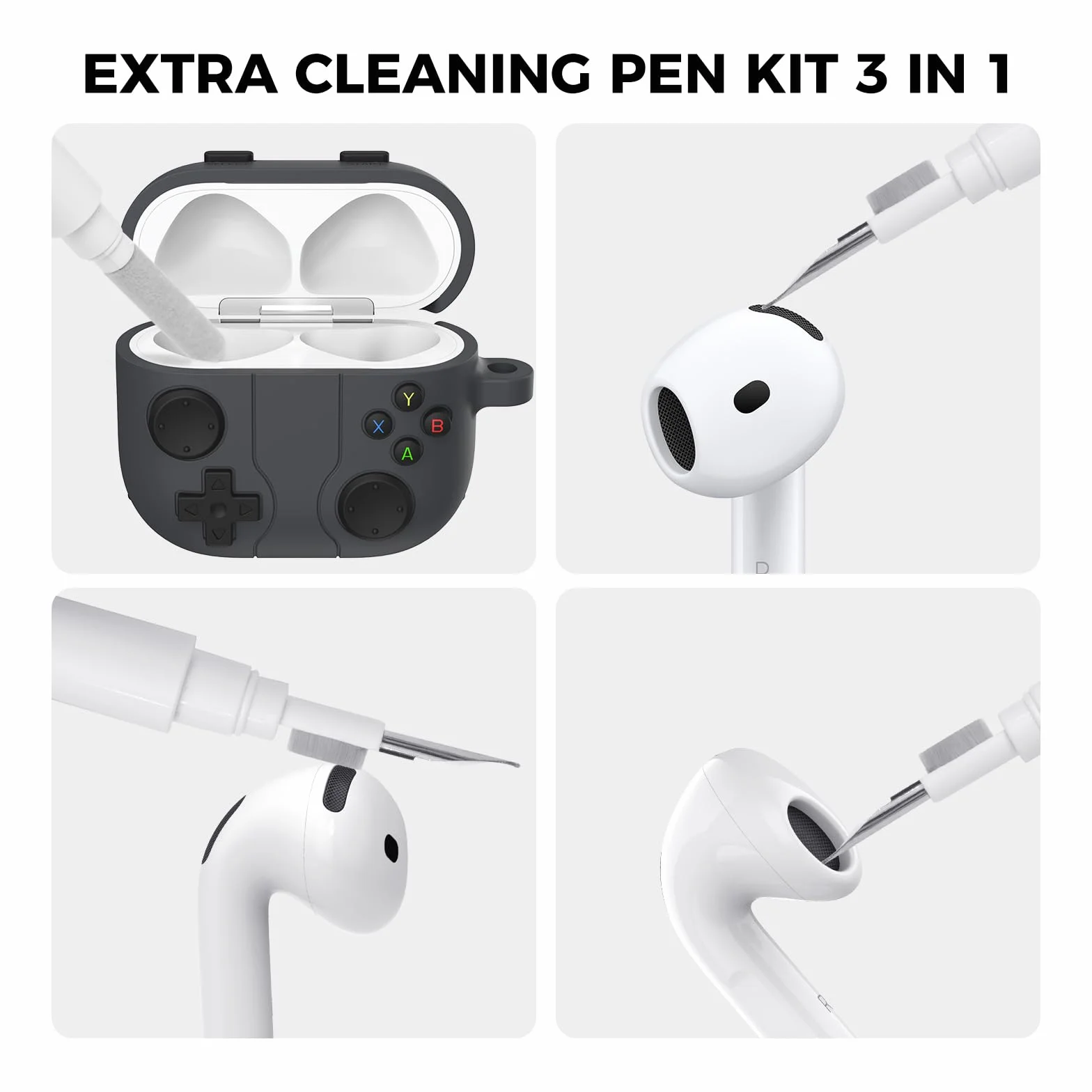AhaStyle Coque Silicone Souple pour Apple AirPods 4 2024 avec Kit Nettoyage Console Jeu Rétro, Gris Foncé