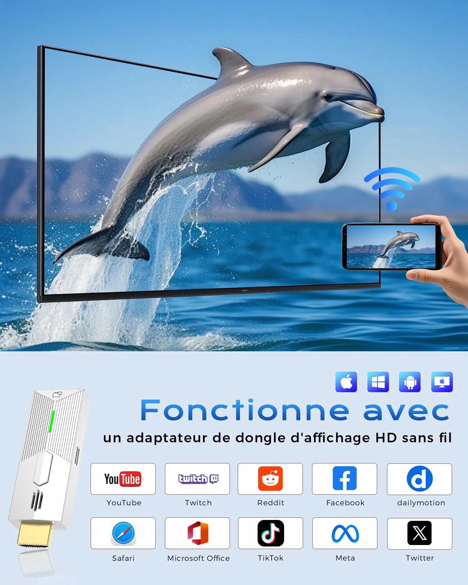 Adaptateur sans Fil HDMI 1080P@60Hz, 5GHz AirPlay/Miracast pour TV/projecteur (Compatible avec Smartphone, Tablette, PC/Mac)